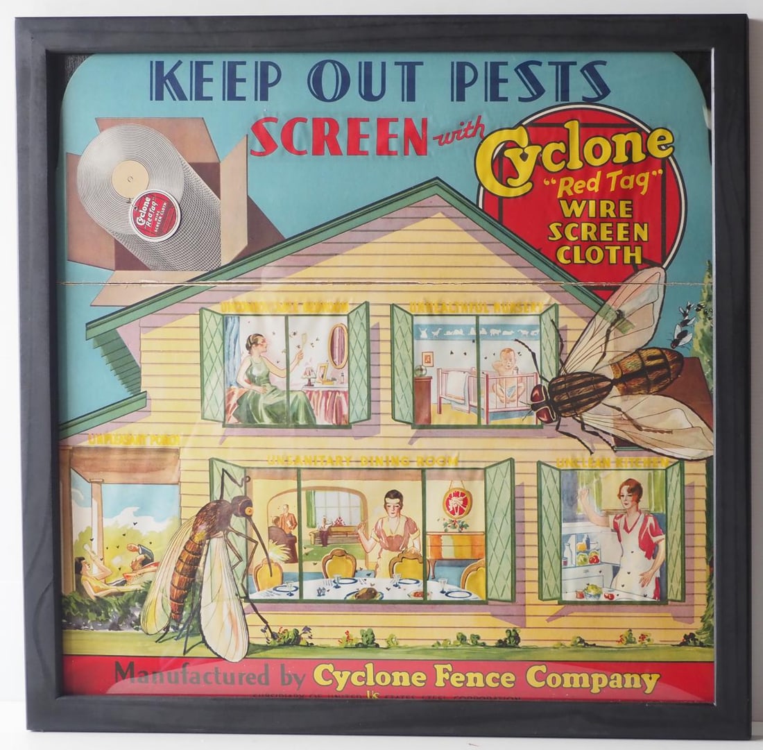 Cyclone framed cardboard advertisement: Cyclone Red Tag Wire Screen Cloth framed cardboard advertisement with excellent graphics and color, 33"x31" - Good with creases Condition Good with creases