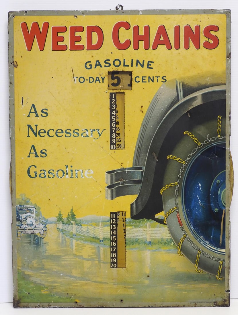Weed Chains Gasoline price sign: 17.5"x23.5" SST Weed Chains Gasoline price sign with wood back frame, by American Art Works - Good with some fading Condition Good with some fading