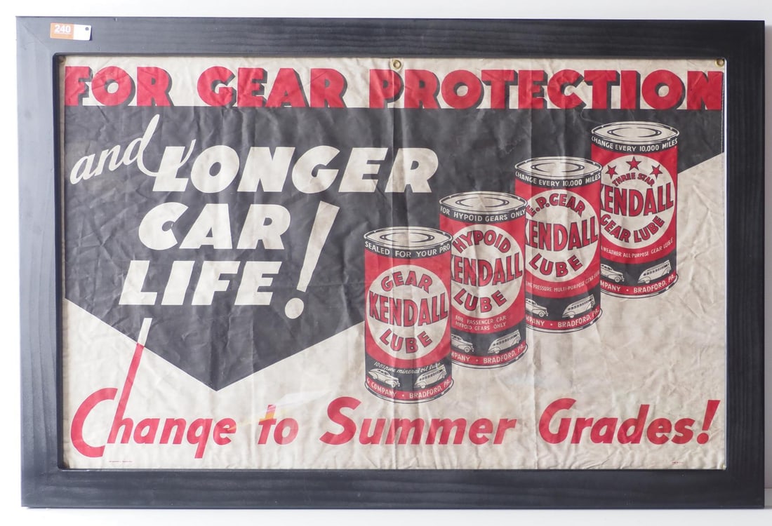 Kendall Gear Lube framed canvas banner: Kendall Gear Lube framed canvas banner, marked John Igelstroem Co. Massillon Ohio, frame measures 49"x33.5" - Good Condition Good