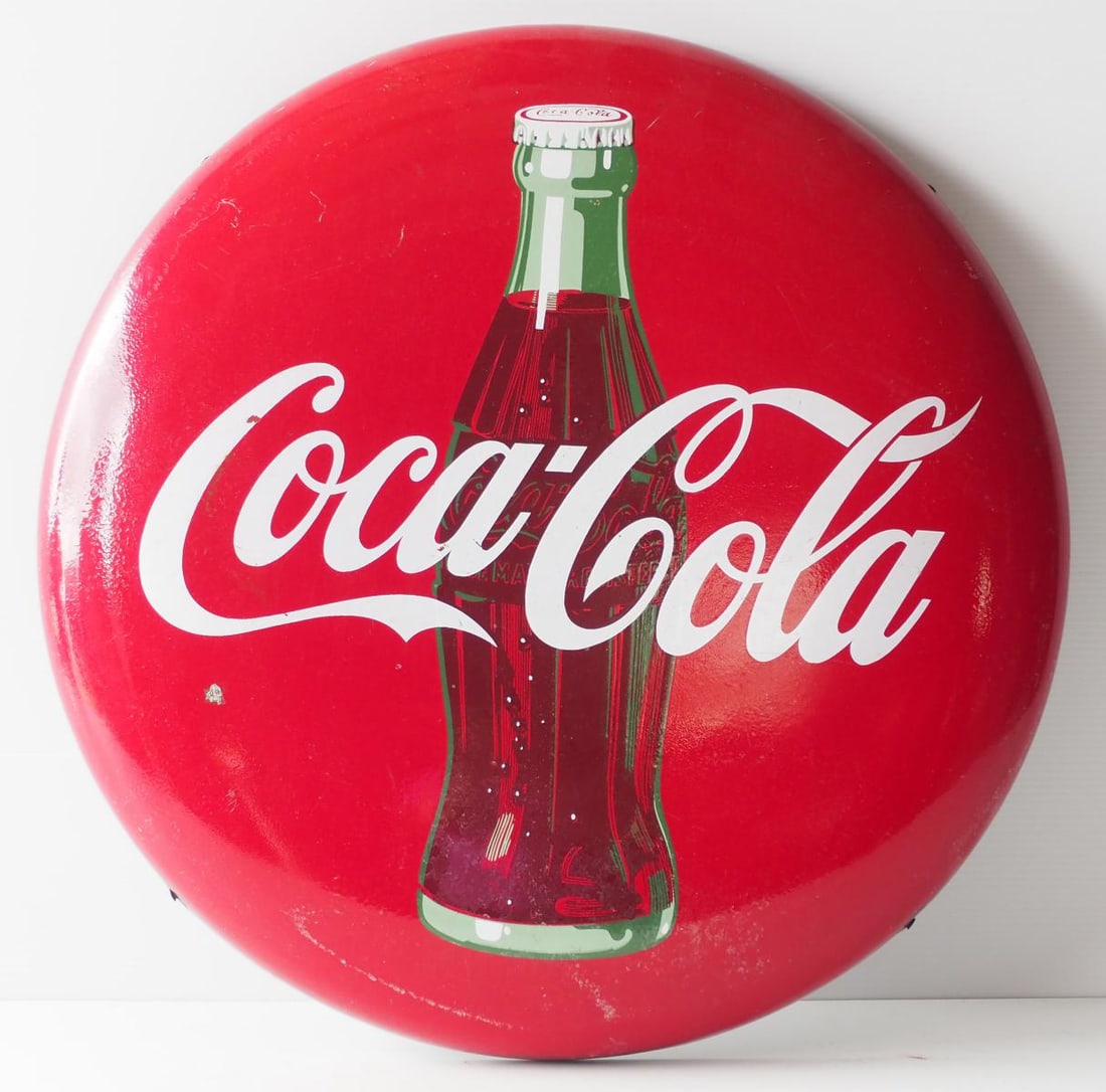 Coca Cola button sign: 24"dia. SSP Coca Cola button sign - Good with some chips and scratches Condition Good with some chips and scratches