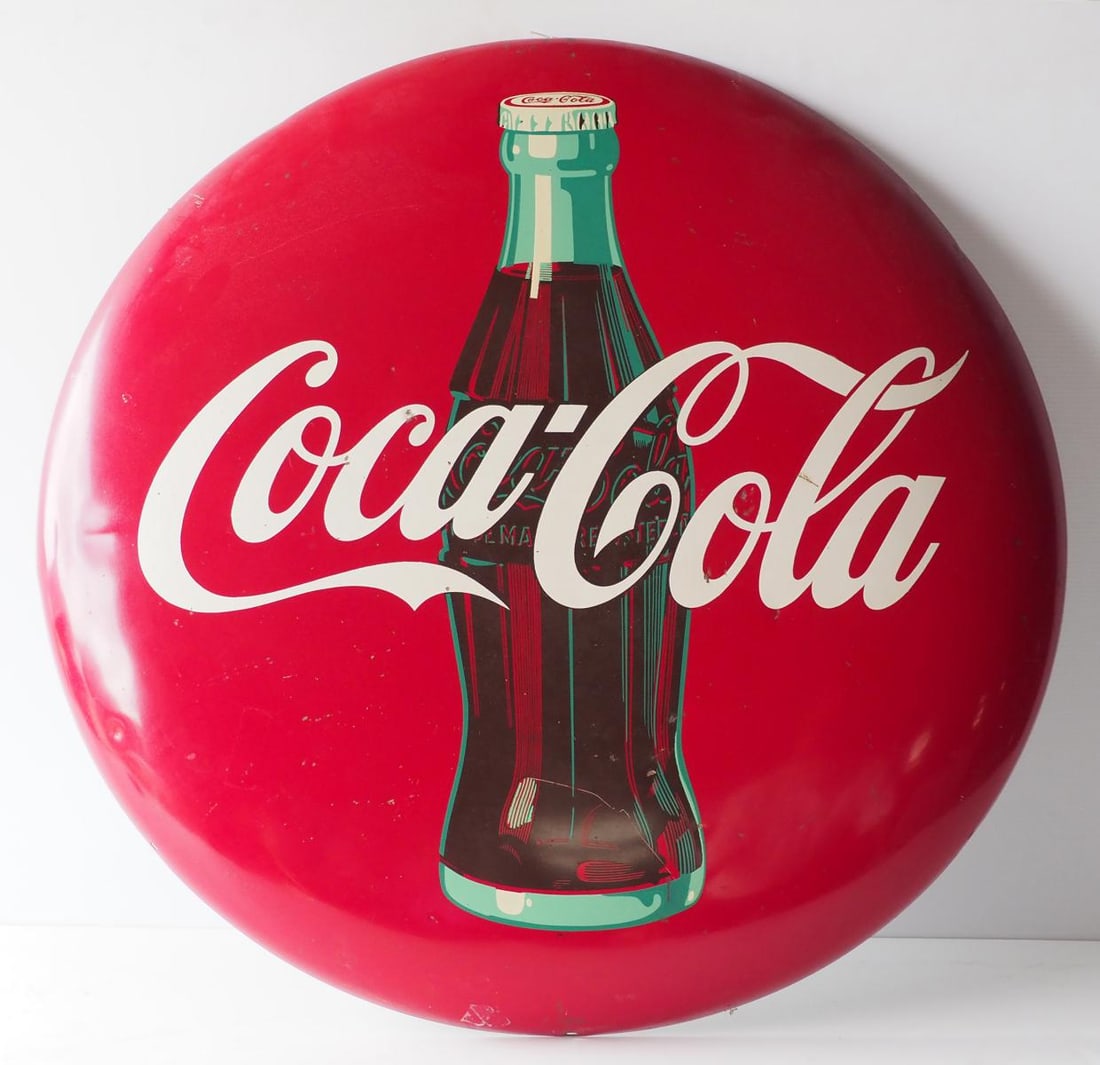 Coca Cola button sign: 36"dia. SST Coca Cola button sign, marked AM 34 - Good with some scratches Condition Good with some scratches