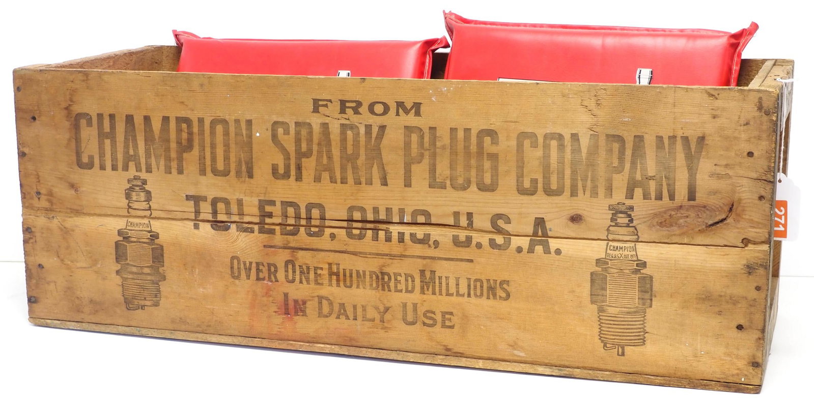 Champion Spark Plug Company shipping box: Champion Spark Plug Company wooden shipping box 33"x12"x12"H with (2) Champion seat cushions