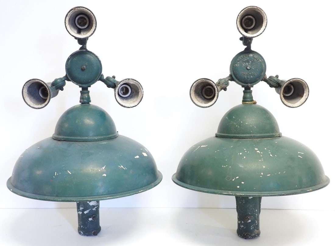 Pair of green porcelain service station lights: Pair of 30"H green porcelain service station lights, sells as one lot! By Revere Elect Mfg Co, Chicago
