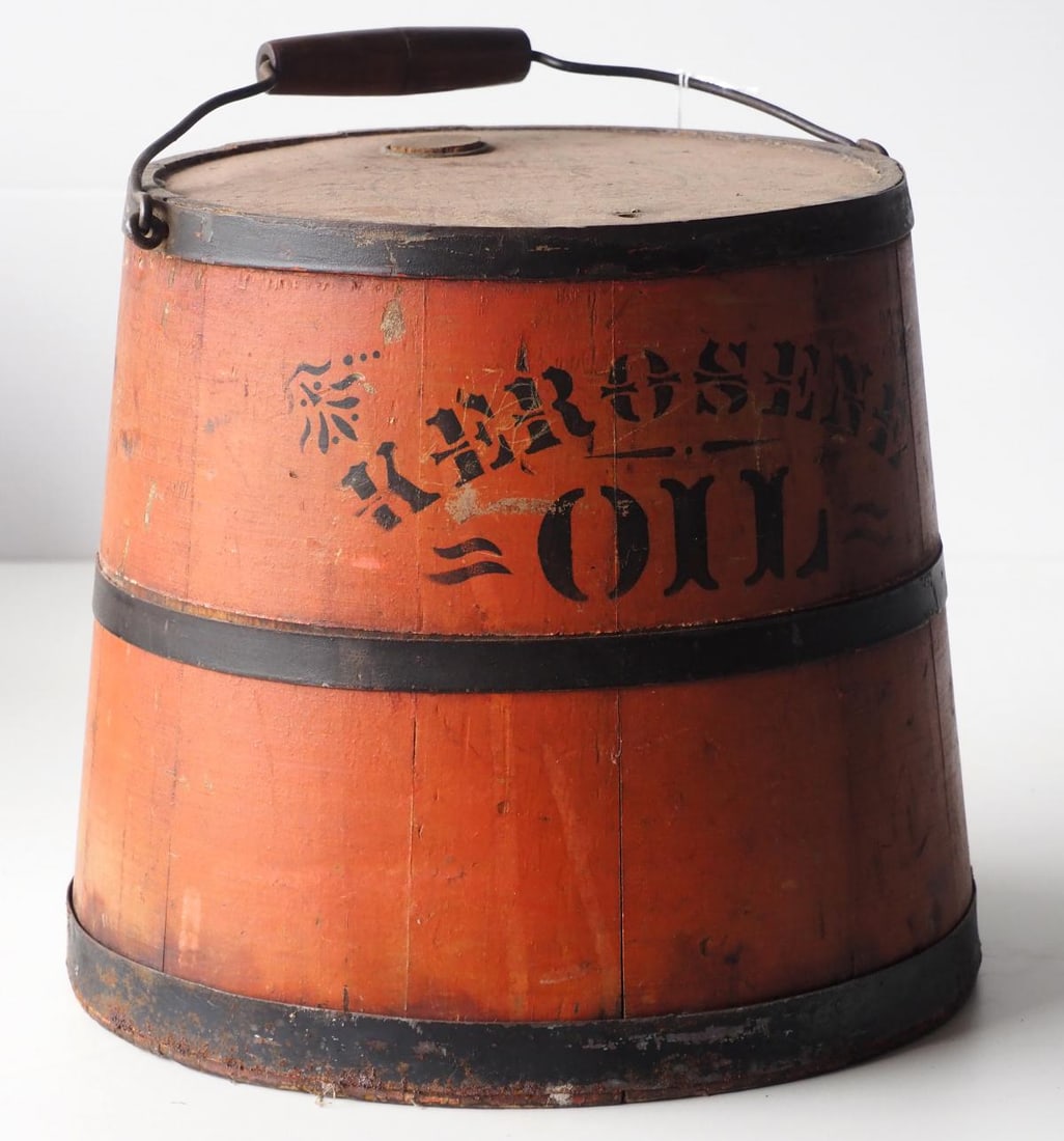 2-gallon wooden Kerosene Oil bucket: 2-gallon wooden Kerosene Oil bucket with good original paint and stenciling