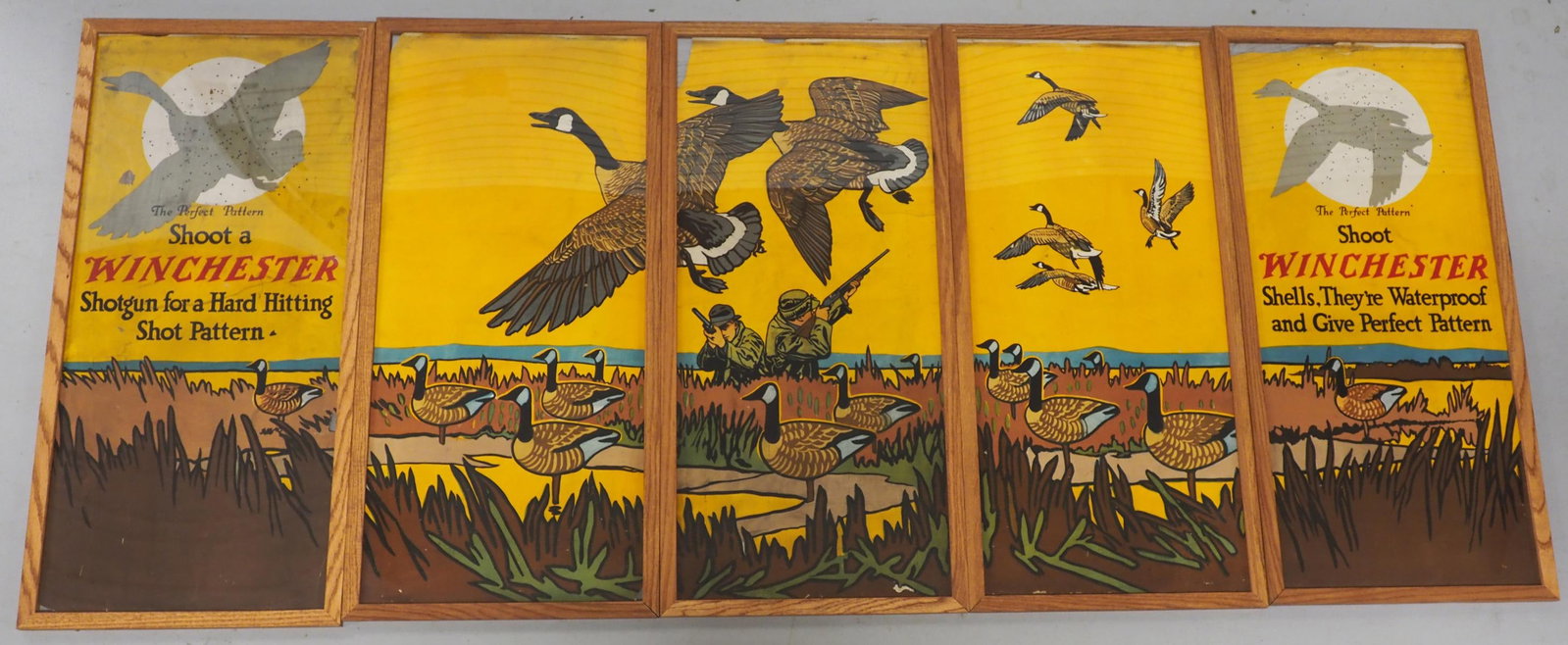 RARE 5-pc Winchester 2-sided advertisement: Framed RARE 5-pc Winchester 2-sided advertisement for Bird Shot Shotgun on one side and Thanksgiving on the other, each panel 19.5"x41.5"H - top edges of panels are rough, middle piece has large tear