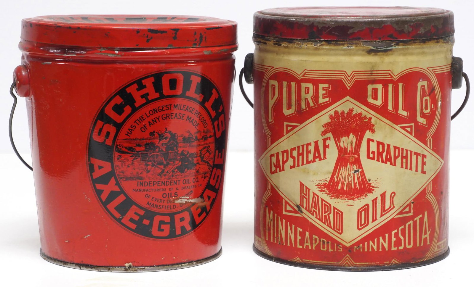 Scholl's Axle-Grease pail / Pure Oil Co. pail: Scholl's Axle-Grease pail / 5-lb Pure Oil Co. Capsheaf Graphite Hard Oils pail
