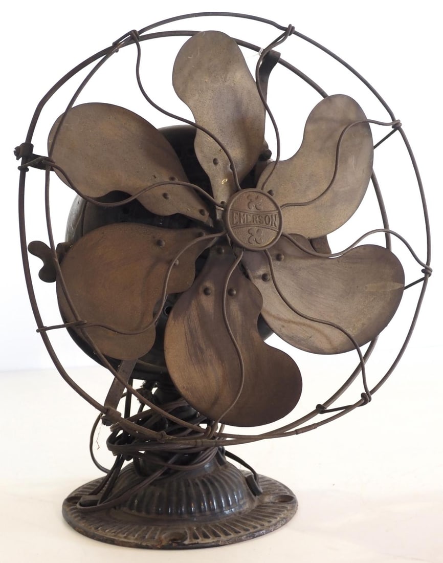 Emerson Model 12666 desk fan: Emerson Model 12666 desk fan with black decorative body and 12"dia. brass blades, No.450490
