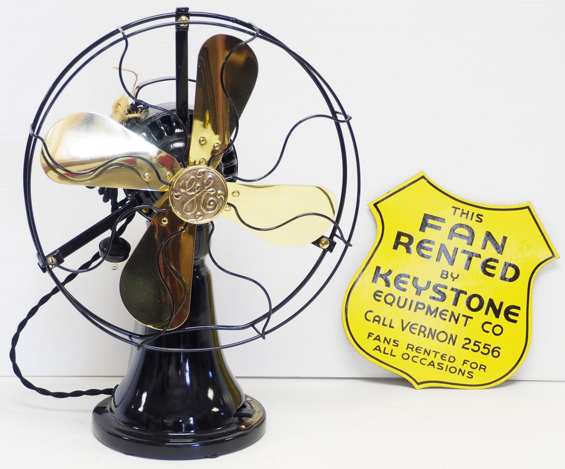 GE 5-cent coin-operated electric fan: GE 5-cent coin-operated electric fan with brass blades with 9"x9.5" SSP badge-shaped sign for Keystone Equipment Co. - Fan restored, sign all original, works good Condition Restored, works