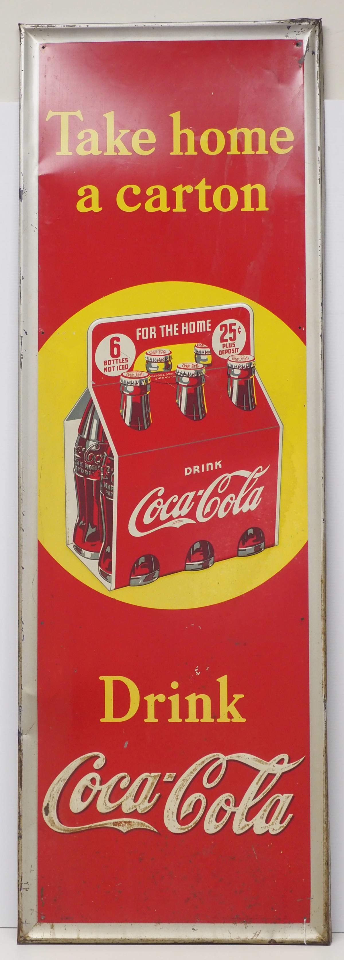 Coca Cola 'Take home a carton' 6-pack sign: 18"x54" SST self-framed embossed Coca Cola "Take home a carton" 6-pack sign, marked American Art Works - Good Condition Good