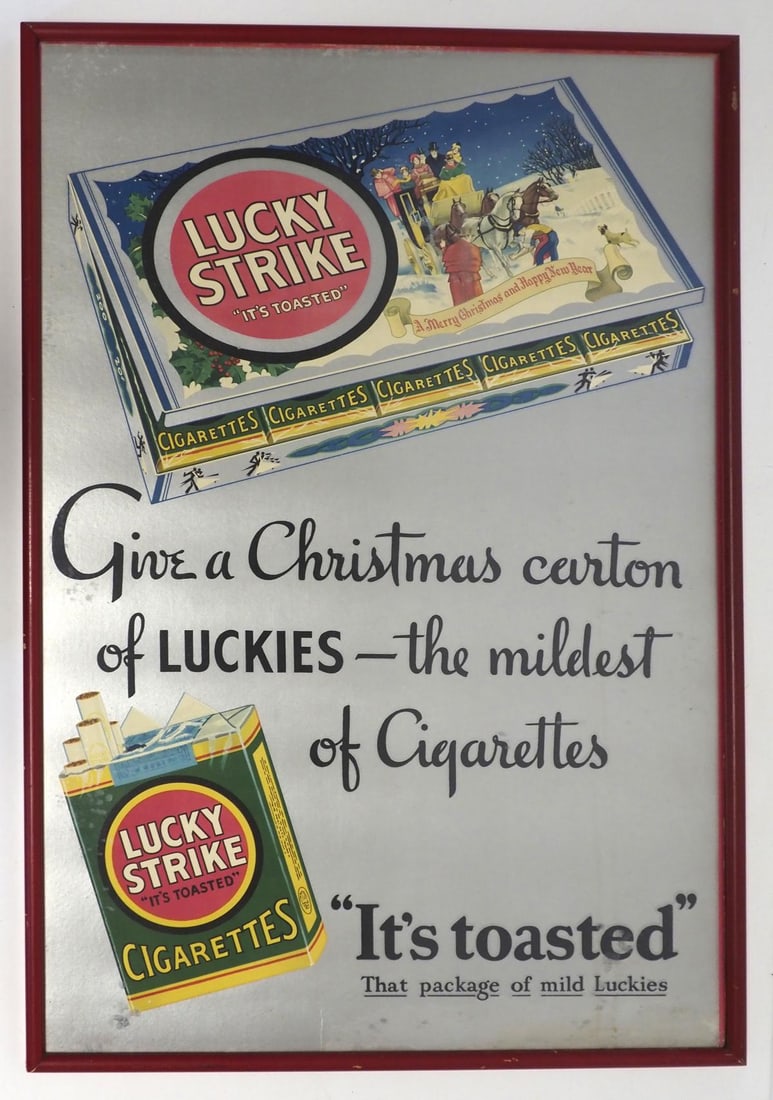 Lucky Strike framed cardboard advertisement: Lucky Strike Christmas Carton framed cardboard advertisement, frame measures 24.5"x38" - Good with some rubbing Condition Good with some rubbing