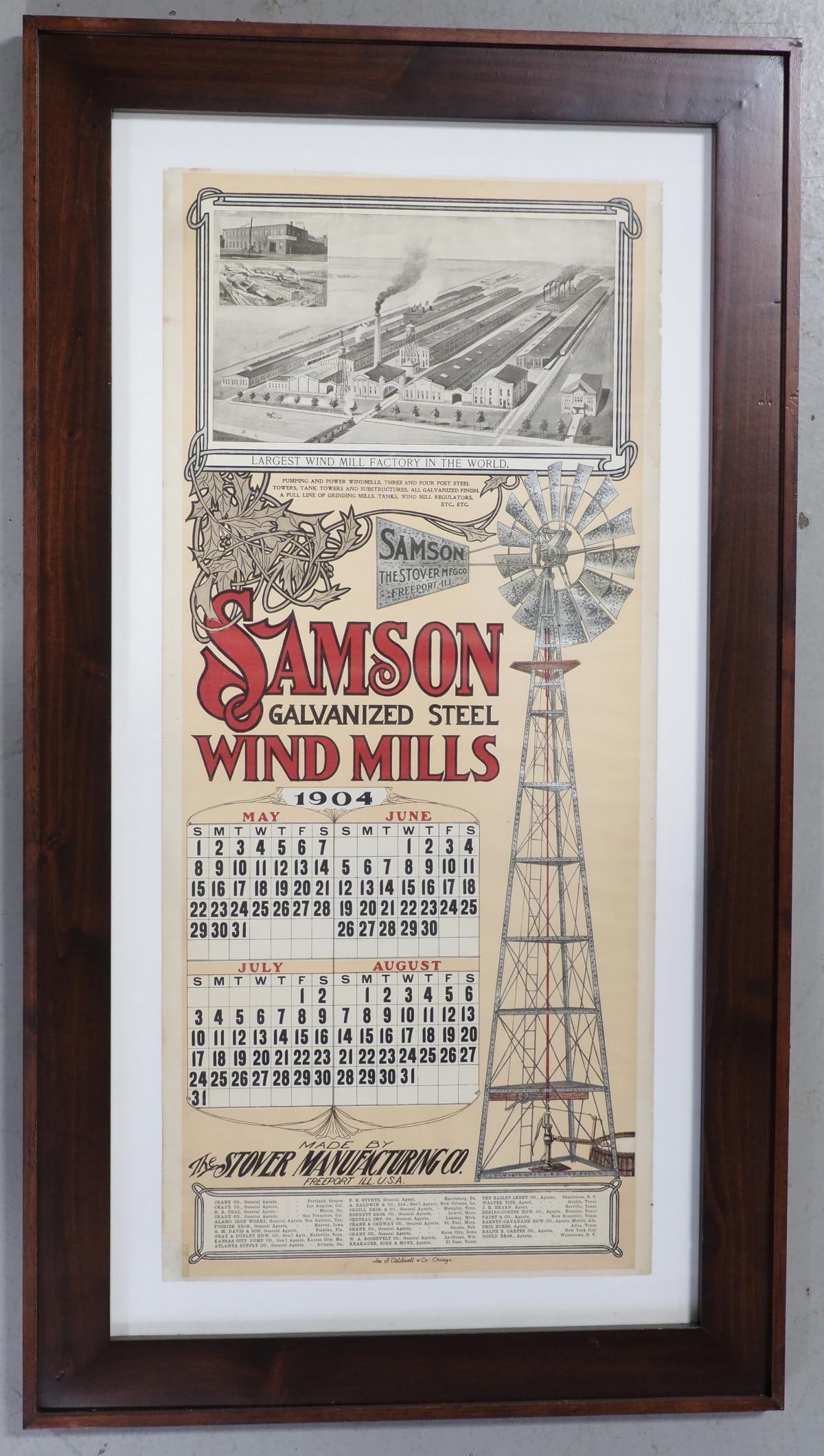 Framed 1904 Samson Wind Mills calendar: Framed 1904 Samson Wind Mills calendar with great graphics of a windmill, 31"x14" plus frame - Very Good Condition Very Good