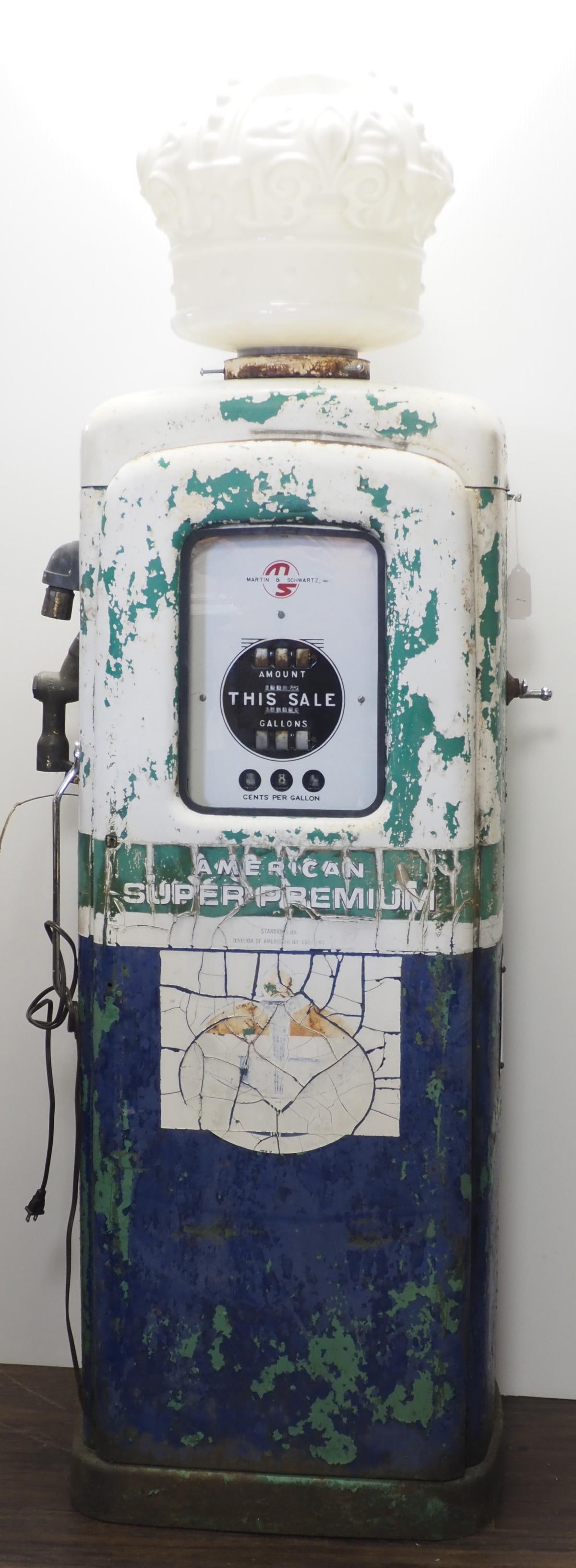 Martin & Schwartz gas pump: Martin & Schwartz gas pump (globe sells separate) - needs restoration * * NOT ELIGIBLE FOR IN-HOUSE SHIPPING. Please contact the auction house for transport options and additional details. Items must