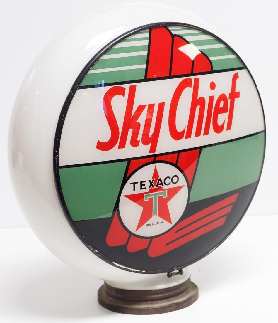 (2) Texaco Sky Chief gas pump globe: (2) Texaco Sky Chief glass gas pump globe lenses in glass body * * NOT ELIGIBLE FOR IN-HOUSE SHIPPING. Please contact the auction house for transport options and additional details. Items must be pick