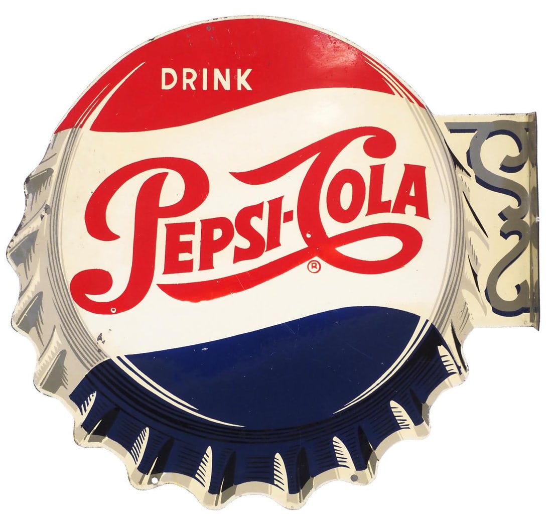 Drink Pepsi-Cola sign: 15"x14" DST flanged Drink Pepsi-Cola sign, marked M-172 Stout, TAC - Good with minor flaking Condition Good with minor flaking