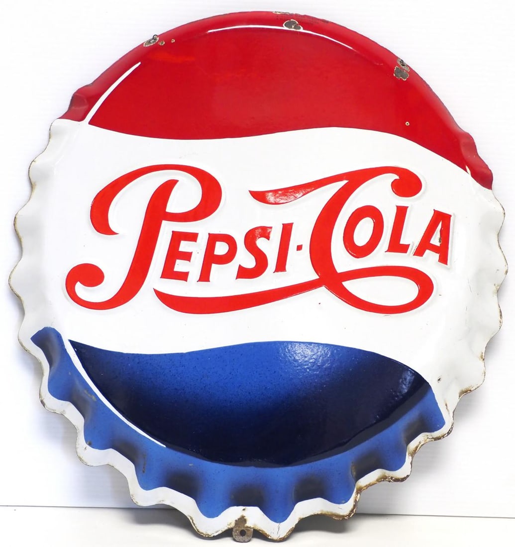 Pepsi-Cola bottle cap sign: 18"dia. SSP Pepsi-Cola bottle cap sign, marked Vitracier Neuhal, TAC - Good with a few porcelain chips, line of touch-up near top Condition Good with a few porcelain chips, line of touch-up near top