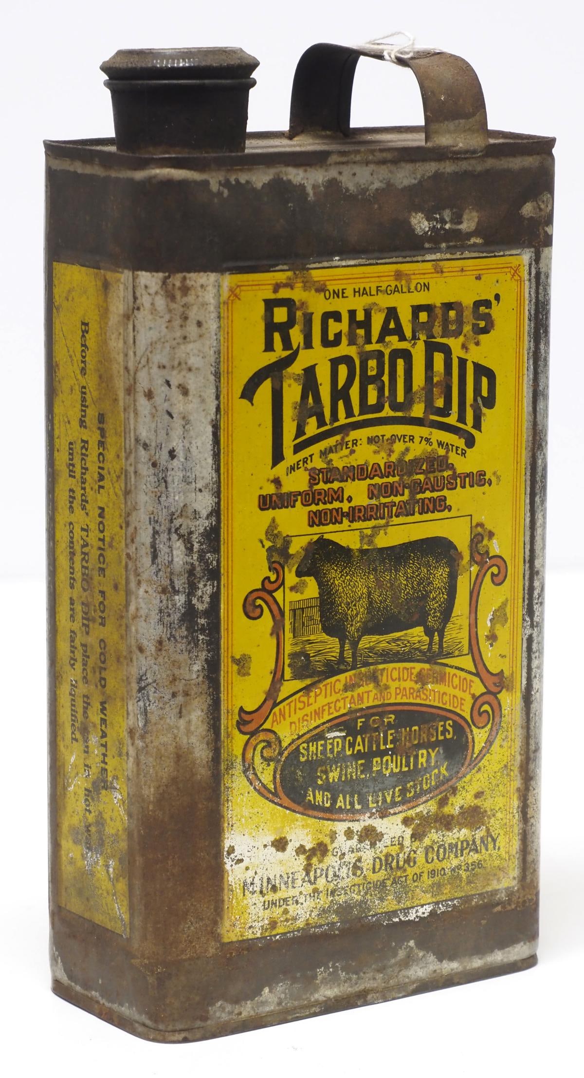 Half-gallon Richards' Tarbo Dip tin: Half-gallon Richards' Tarbo Dip tin with great sheep graphic, empty