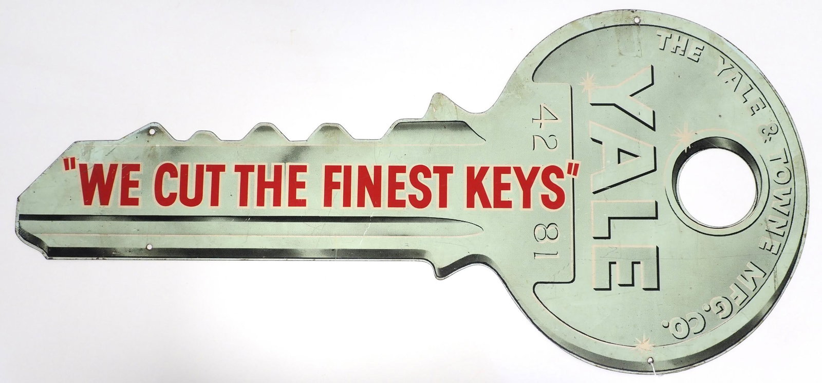 Yale 'We Cut The Finest Keys' key-shaped sign: 34"x16" DST Yale "We Cut The Finest Keys" key-shaped sign - Good Condition Good