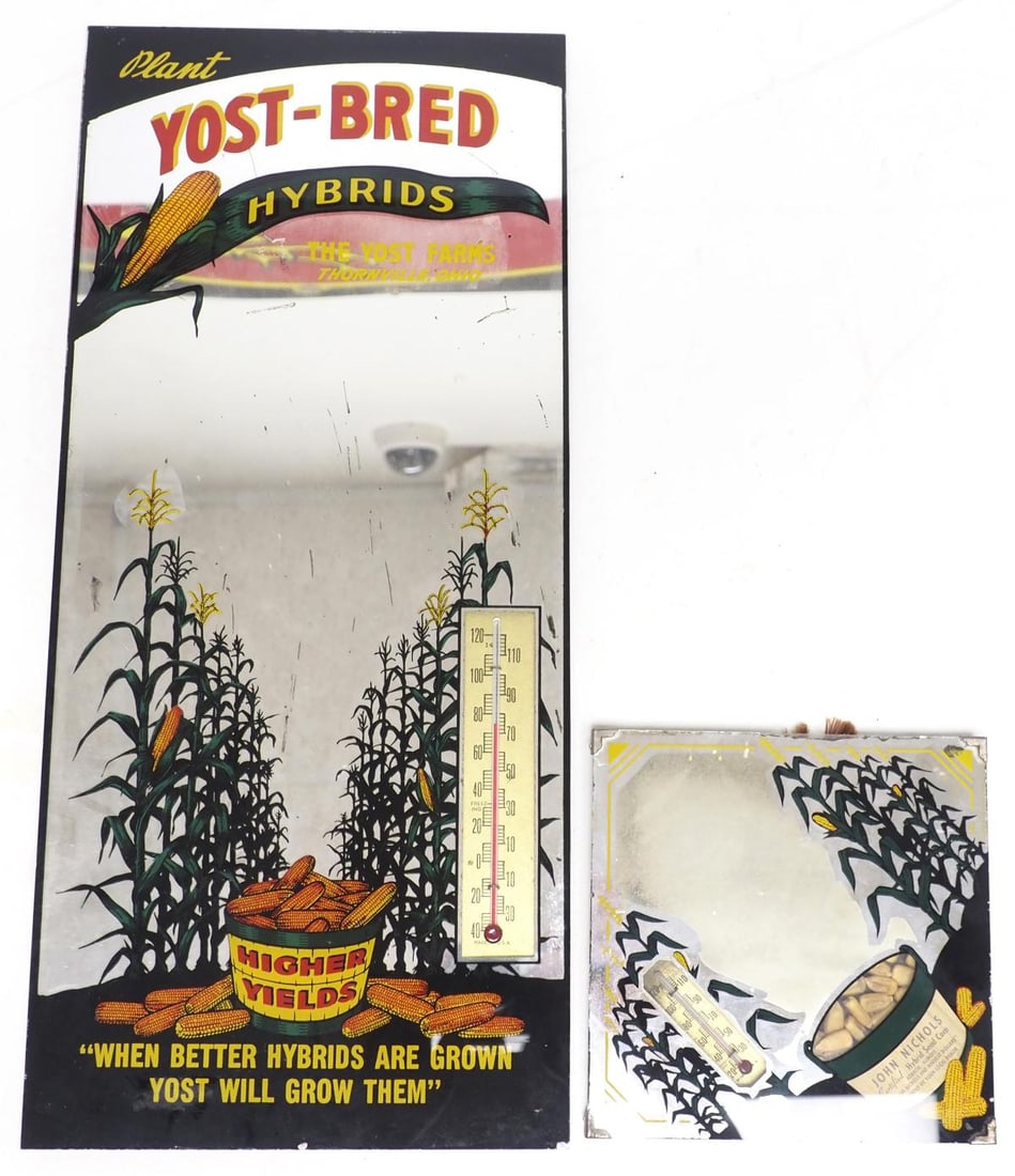 (2) Seed Corn Advertising mirrors: (2) Advertising mirrors: 8"x18" Yost-Bred Hybrids / 6"x6" John Nichols Hybrid Seed Corn - both Good Condition both Good