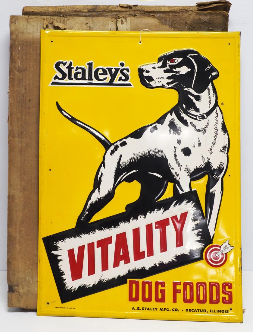 Staley's Vitality Dog Foods sign: NOS 19"x27" SST embossed Staley's Vitality Dog Foods sign, marked Stout, with original shipping box - Very Good Condition Very Good