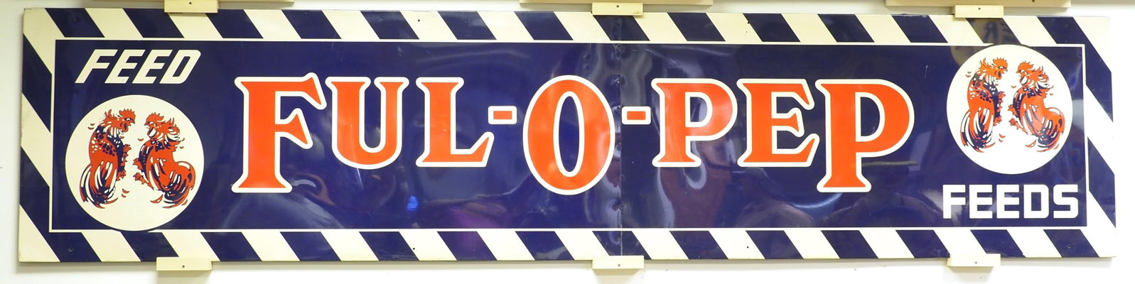 Ful-O-Pep Feeds sign, WOW!: 11'x30" SST self-framed Ful-O-Pep Feeds sign, WOW! With TAC sticker - Great * * NOT ELIGIBLE FOR IN-HOUSE SHIPPING. Please contact the auction house for transport options and additional details.