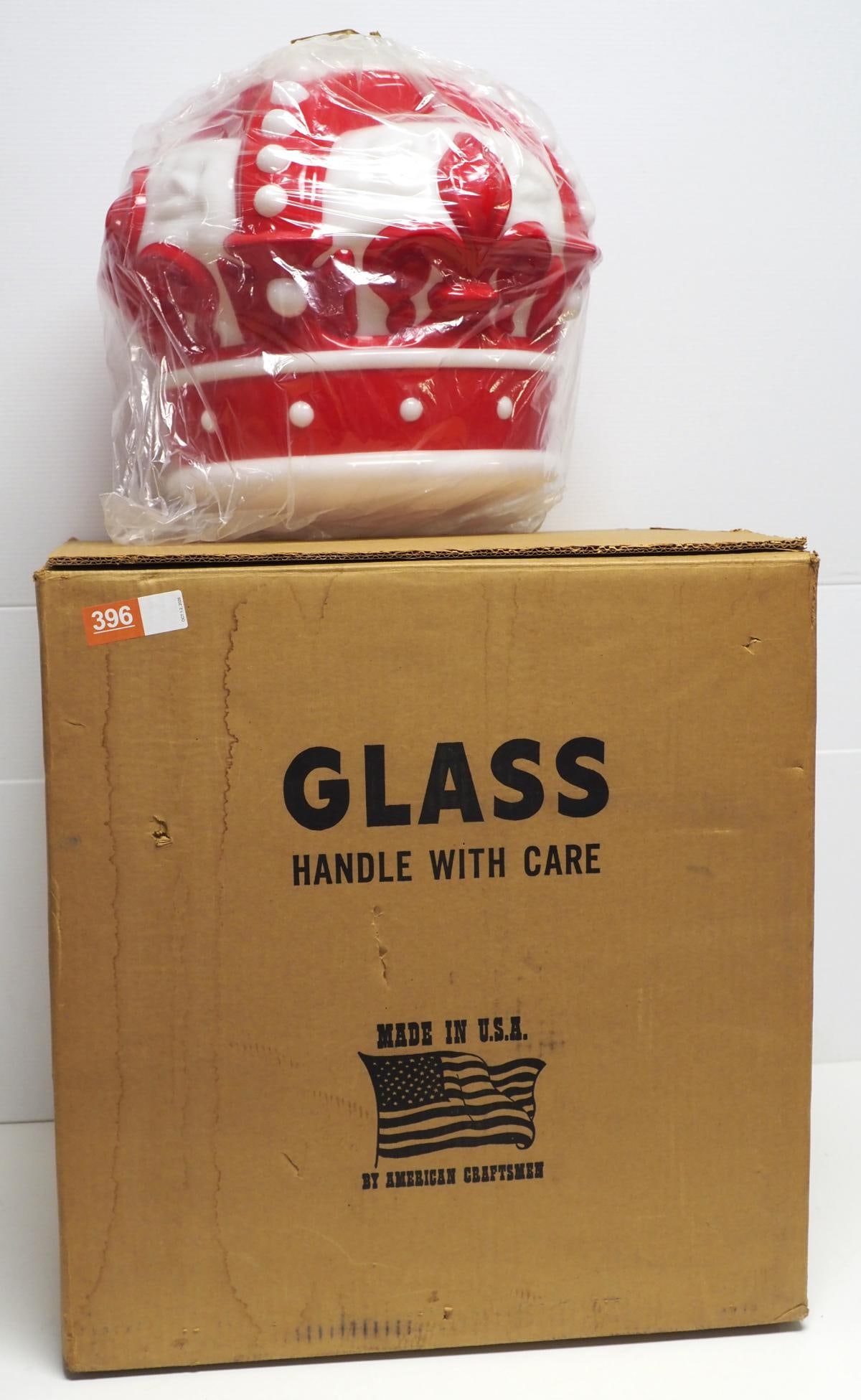 Standard Red Crown hanging glass electric lamp: NOS 1970's Standard Red Crown hanging glass electric lamp, hardware included in original shipping box * * NOT ELIGIBLE FOR IN-HOUSE SHIPPING. Please contact the auction house for transport options