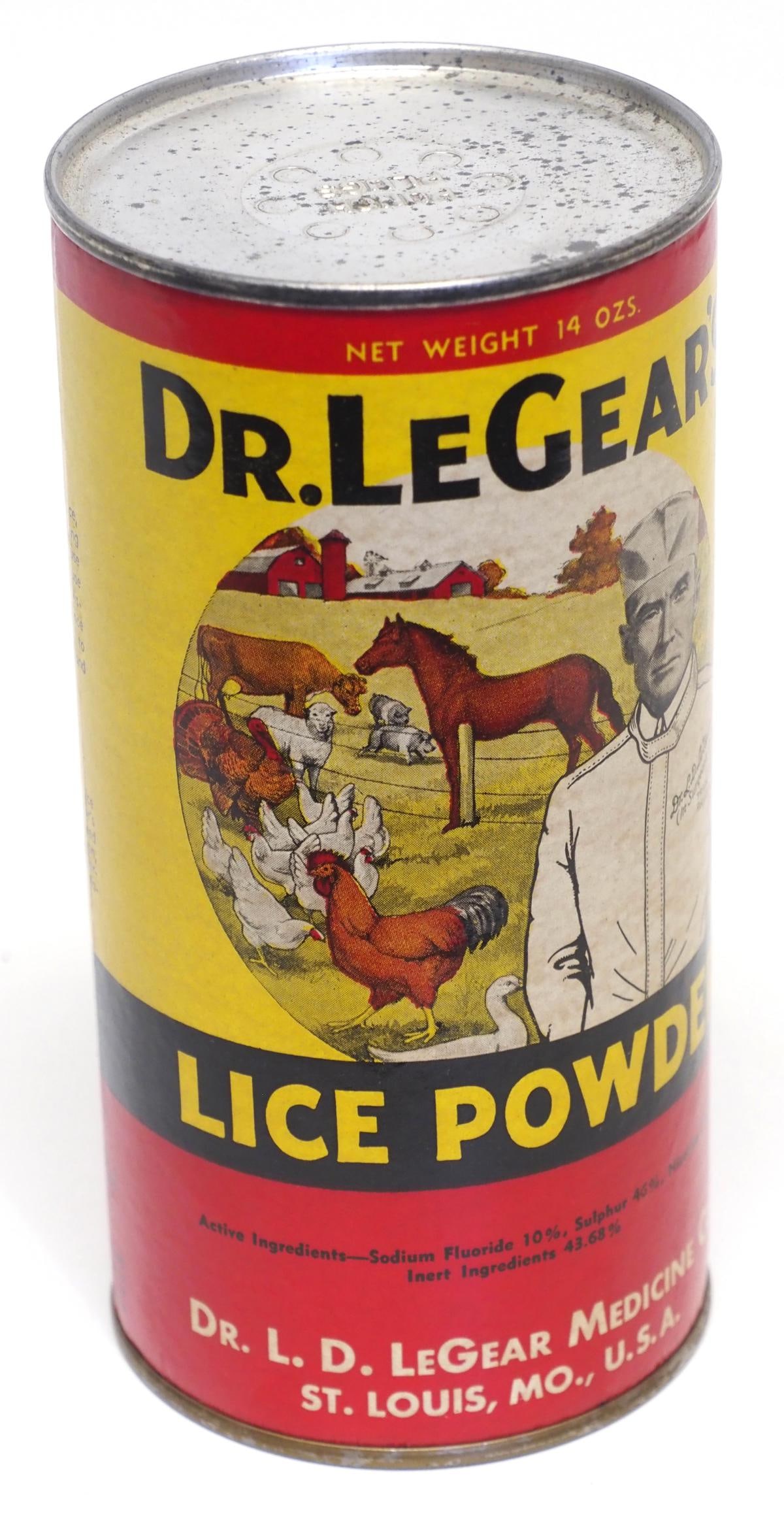14-oz Dr LeGear's Lice Powder container: 14-oz Dr LeGear's Lice Powder container with great color