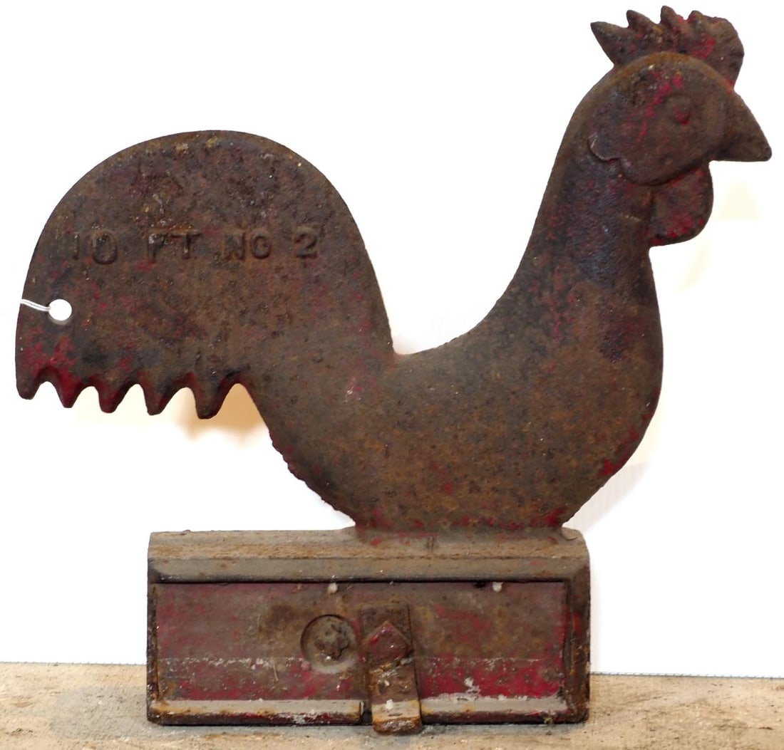 Rainbow tail rooster windmill weight: Rainbow tail rooster windmill weight, marked 10FT No.2