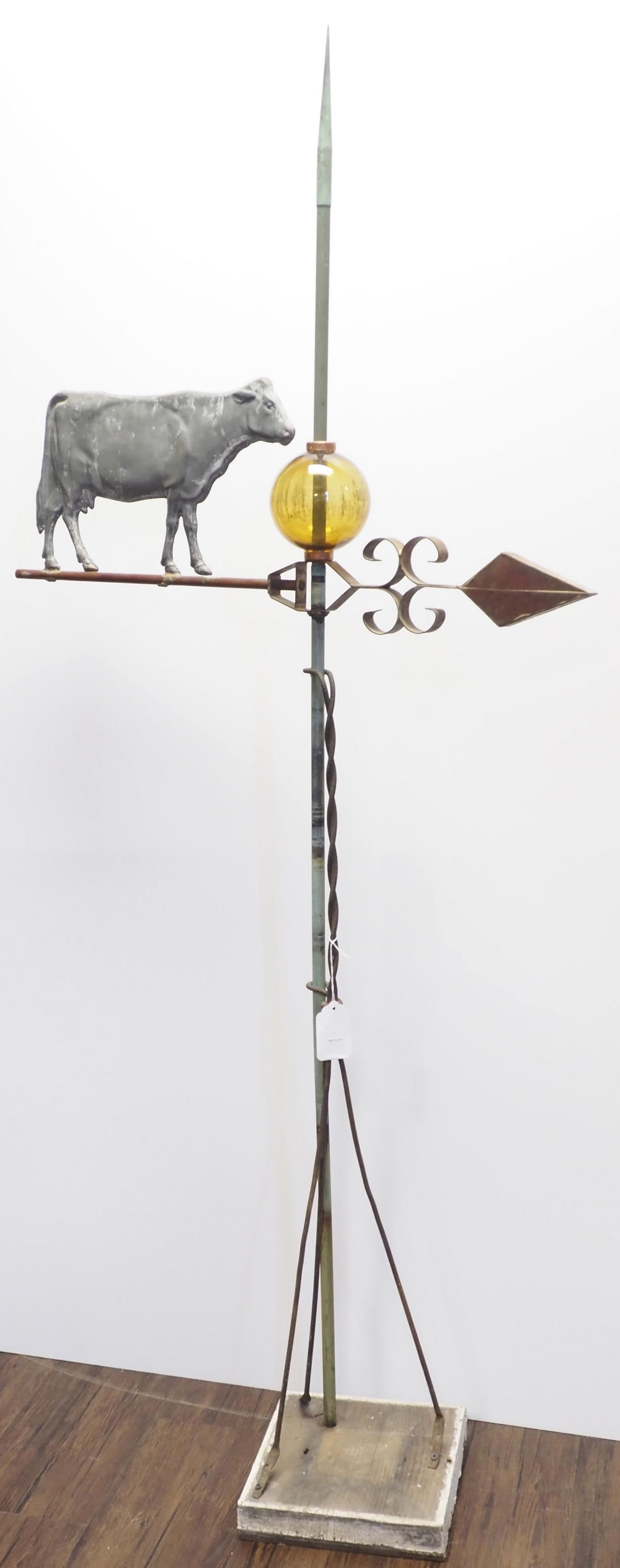 Cow weathervane arrow: Cow weathervane arrow with clear amber ball and copper rod, arrow is 30"L, cow is 14"x9"H