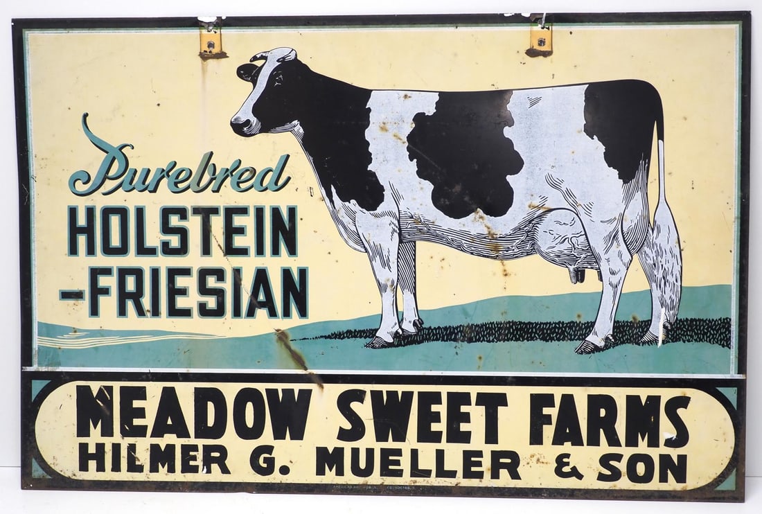 Purebred Holstein Friesian dealer sign: 36"x24" DST Purebred Holstein Friesian dealer sign for Meadow Sweet Farms, Hilmer G. Mueller & Son - Good with some rust Condition Good with some rust