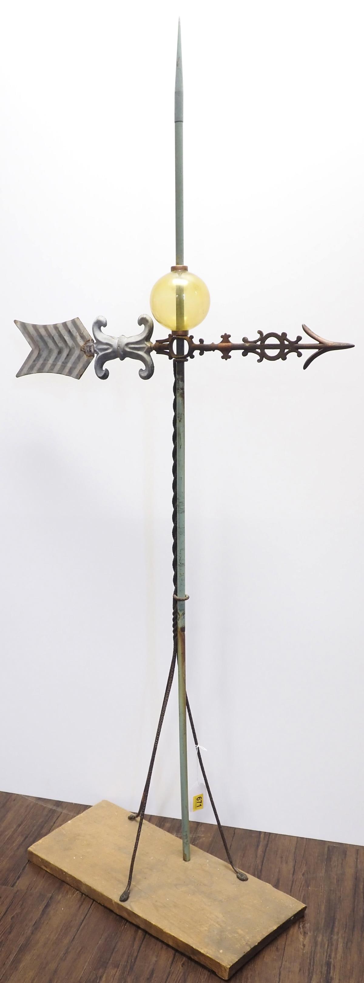 Security Bowtie weathervane arrow: Security Bowtie weathervane arrow with clear amber ball and copper rod, arrow is 32"L