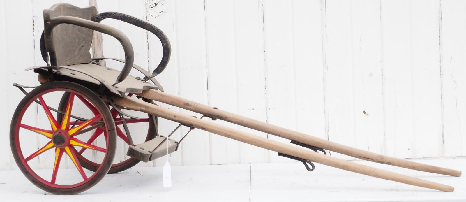 Child-size 2-wheel cart: Child-size 2-wheel cart, 48"L overall - wheels have older repaint * * NOT ELIGIBLE FOR IN-HOUSE SHIPPING. Please contact the auction house for transport options and additional details. Items must