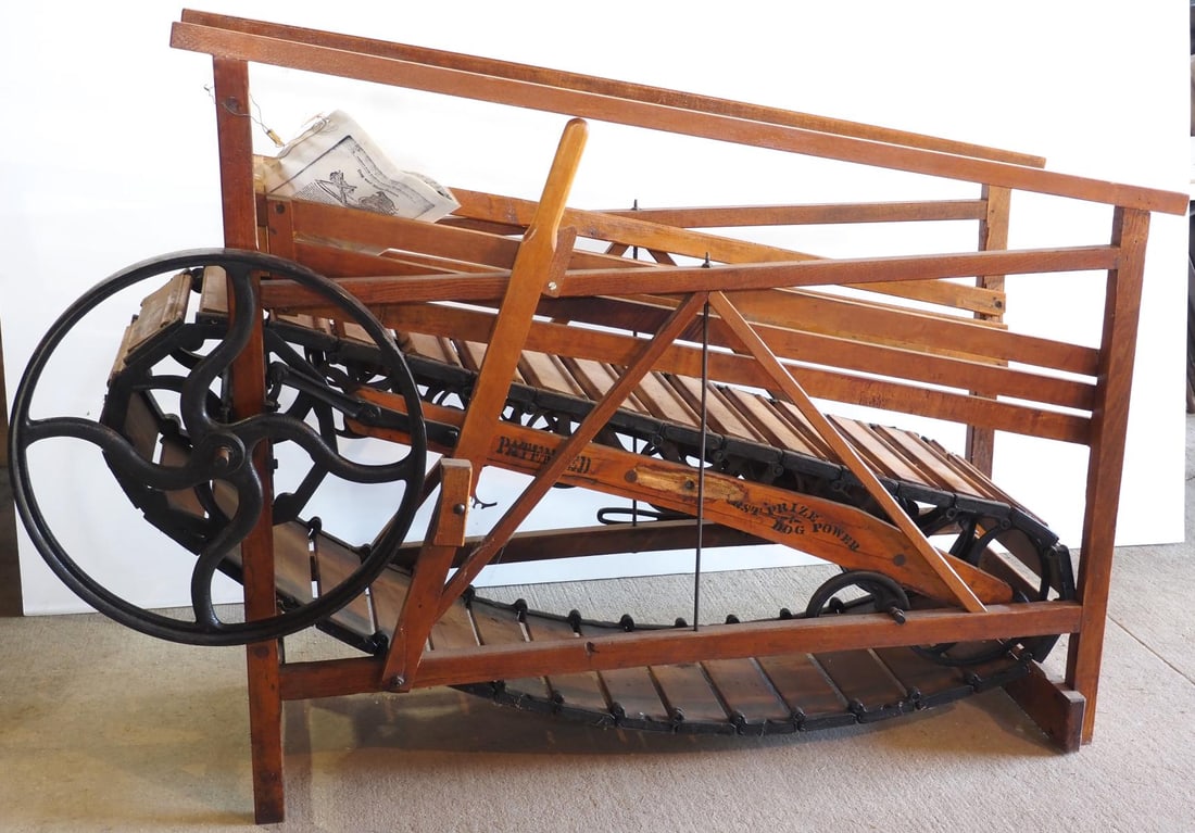 Vermont Farm Machinery Co. dog treadmill: Vermont Farm Machinery Co. "First Prize Dog Power" dog treadmill, 5'L * * NOT ELIGIBLE FOR IN-HOUSE SHIPPING. Please contact the auction house for transport options and additional details. Items must