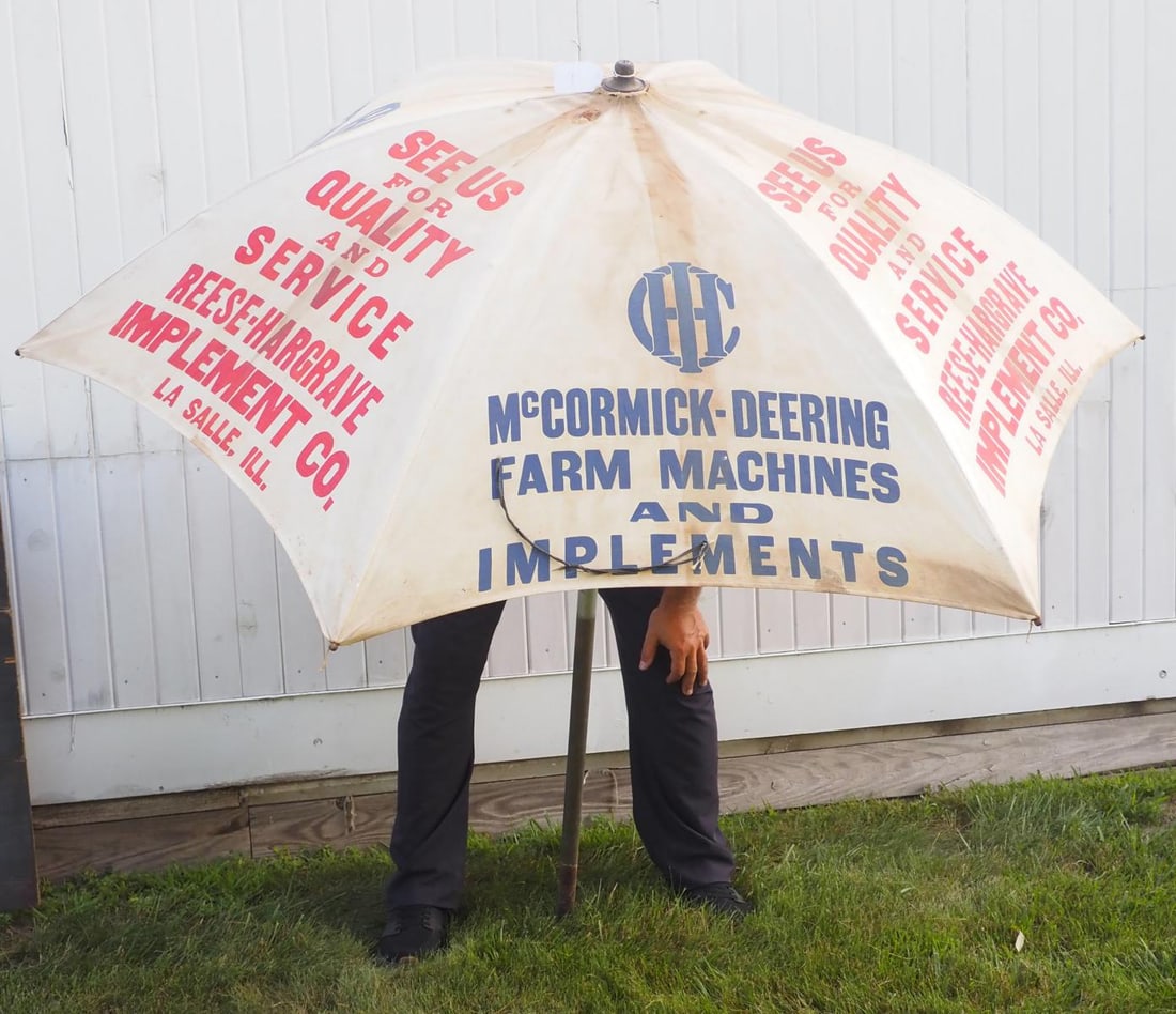 McCormick Deering cloth umbrella: McCormick Deering Farm Machines & Implements cloth umbrella for dealer Reese-Hargrave Implement Co., La Salle, IL - some holes in fabric Condition some holes in fabric