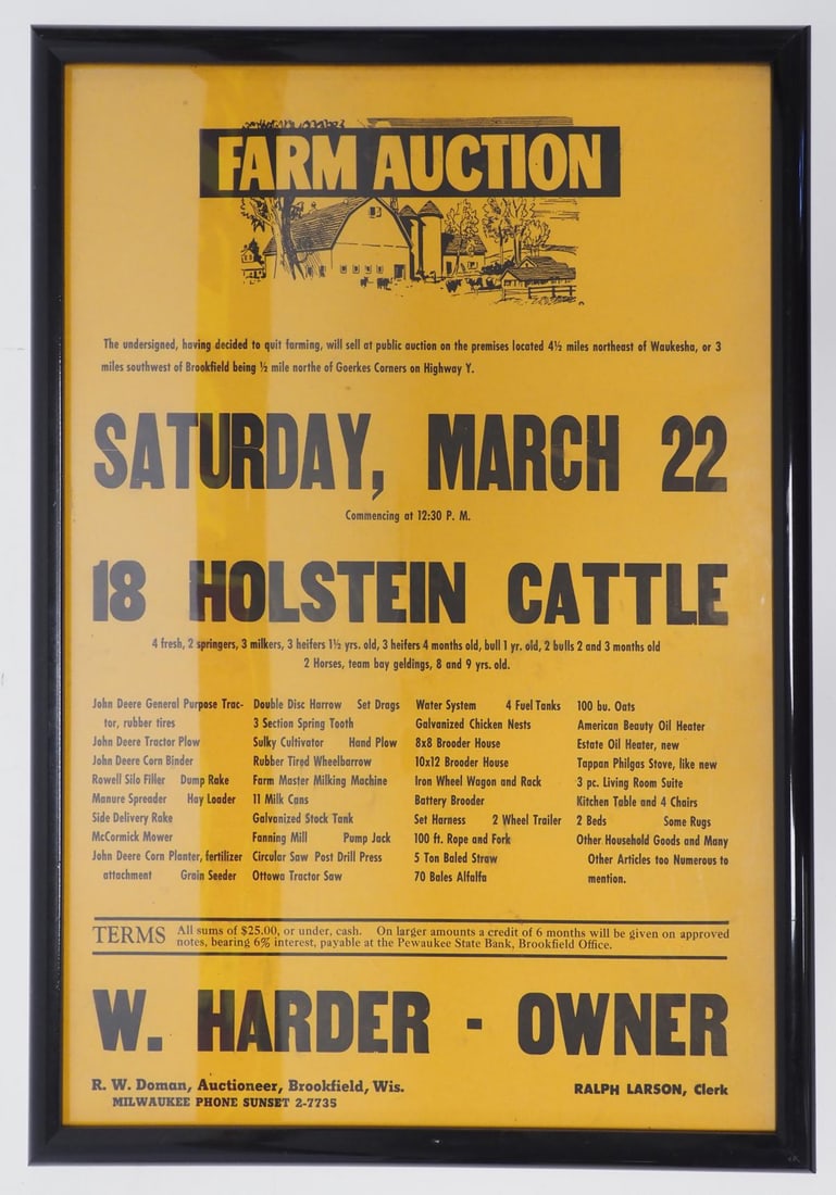 Framed paper Farm Auction sale bill: Framed paper Farm Auction sale bill from Saturday, March 22, frame measures 19"x25"