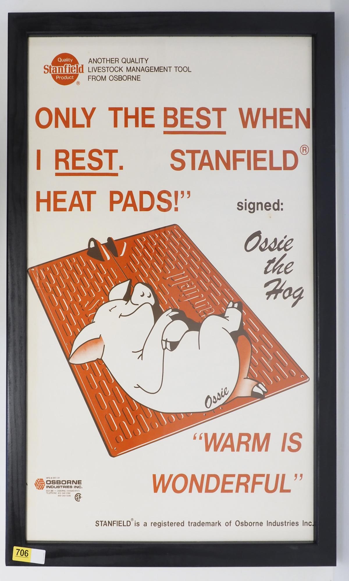 Stanfield Heat Pads paper poster: Stanfield Heat Pads paper poster with graphics of a hog on mat, wood frame measures 27"x40"