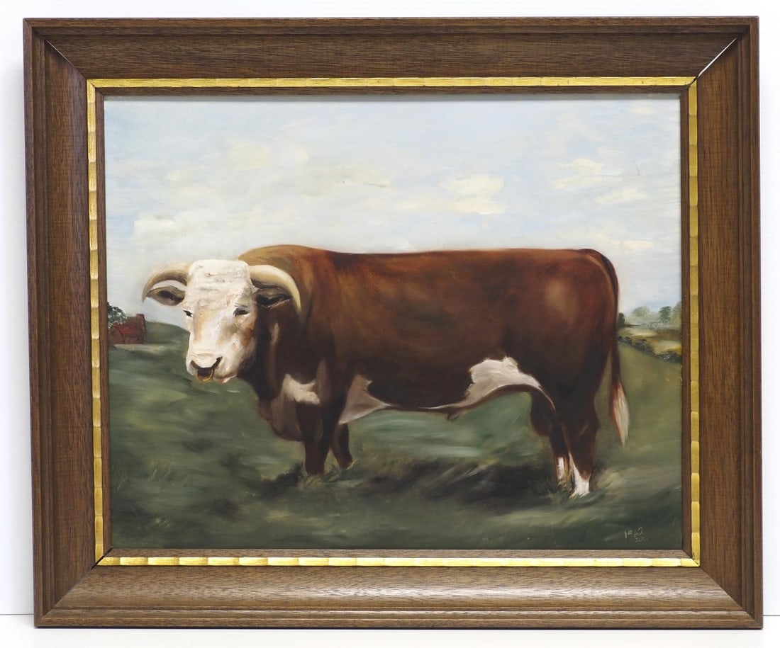 Original painting of Hereford bull: Original painting of Hereford bull on board, dated 1962, signed DK, frame measures 24"x20" - Great Condition Great