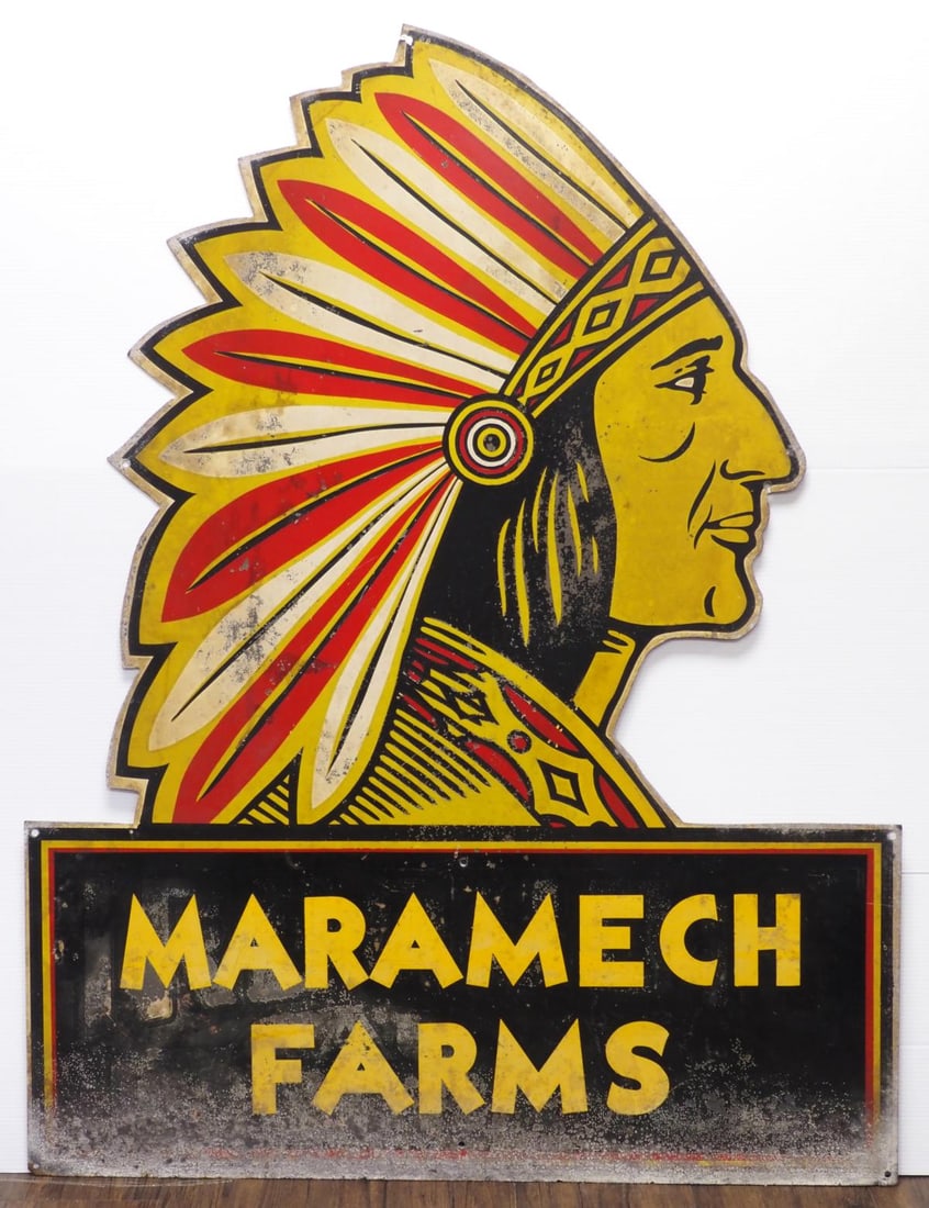 Maramech Farms sign with Indian graphic: 36"x47" SST reflective Maramech Farms sign with Indian graphic, TAC #061711 - Good with paint loss at bottom Condition Good with paint loss at bottom