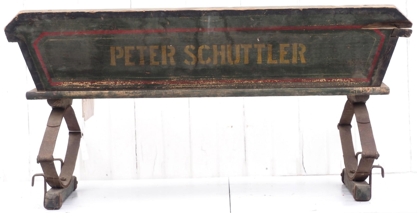 Peter Schuttler box wagon seat: Peter Schuttler box wagon seat with good original paint and stenciling - back has 4" wooden splinter missing * * NOT ELIGIBLE FOR IN-HOUSE SHIPPING. Please contact the auction house for transport