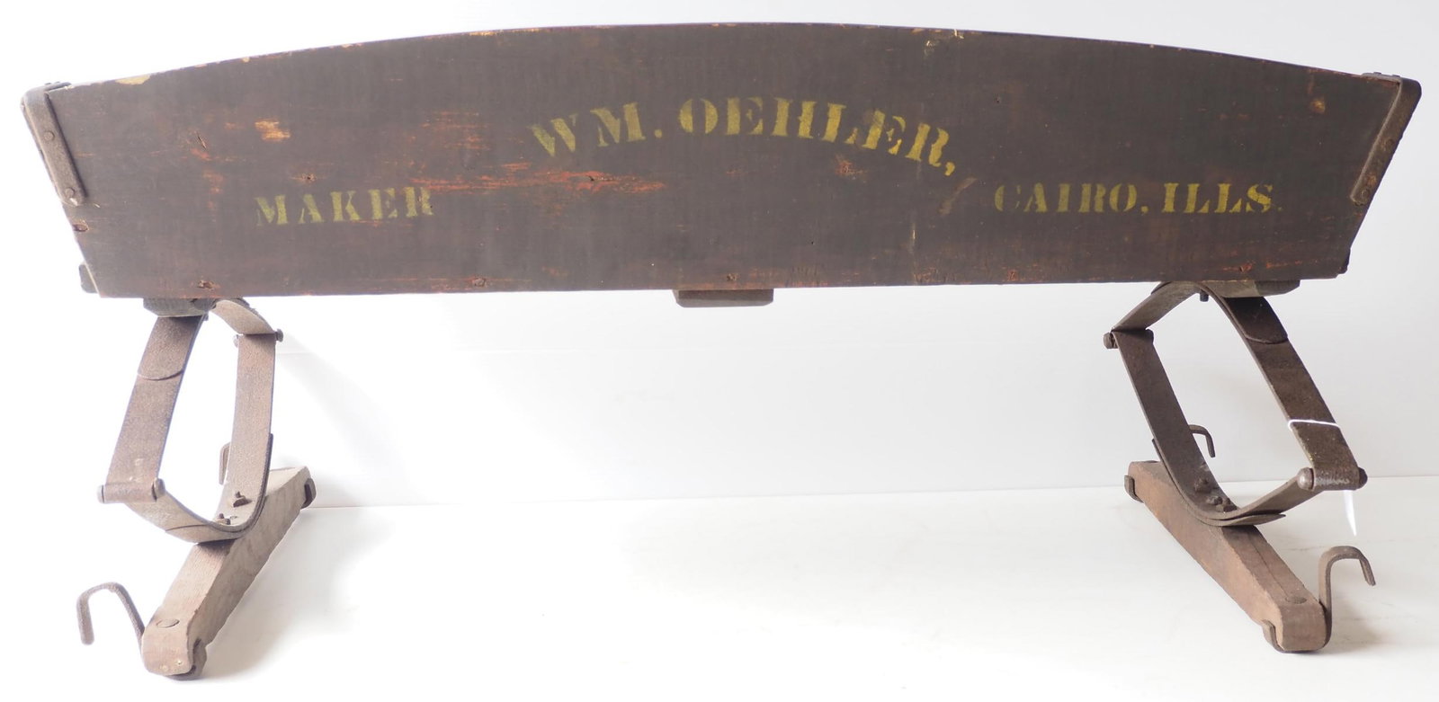 William Oehler box wagon seat: William Oehler box wagon seat with very good original paint and stenciling * * NOT ELIGIBLE FOR IN-HOUSE SHIPPING. Please contact the auction house for transport options and additional details. Items