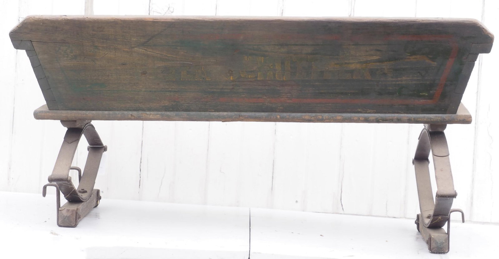 Peter Schuttler box wagon seat: Peter Schuttler box wagon seat with fair original paint and stenciling * * NOT ELIGIBLE FOR IN-HOUSE SHIPPING. Please contact the auction house for transport options and additional details. Items