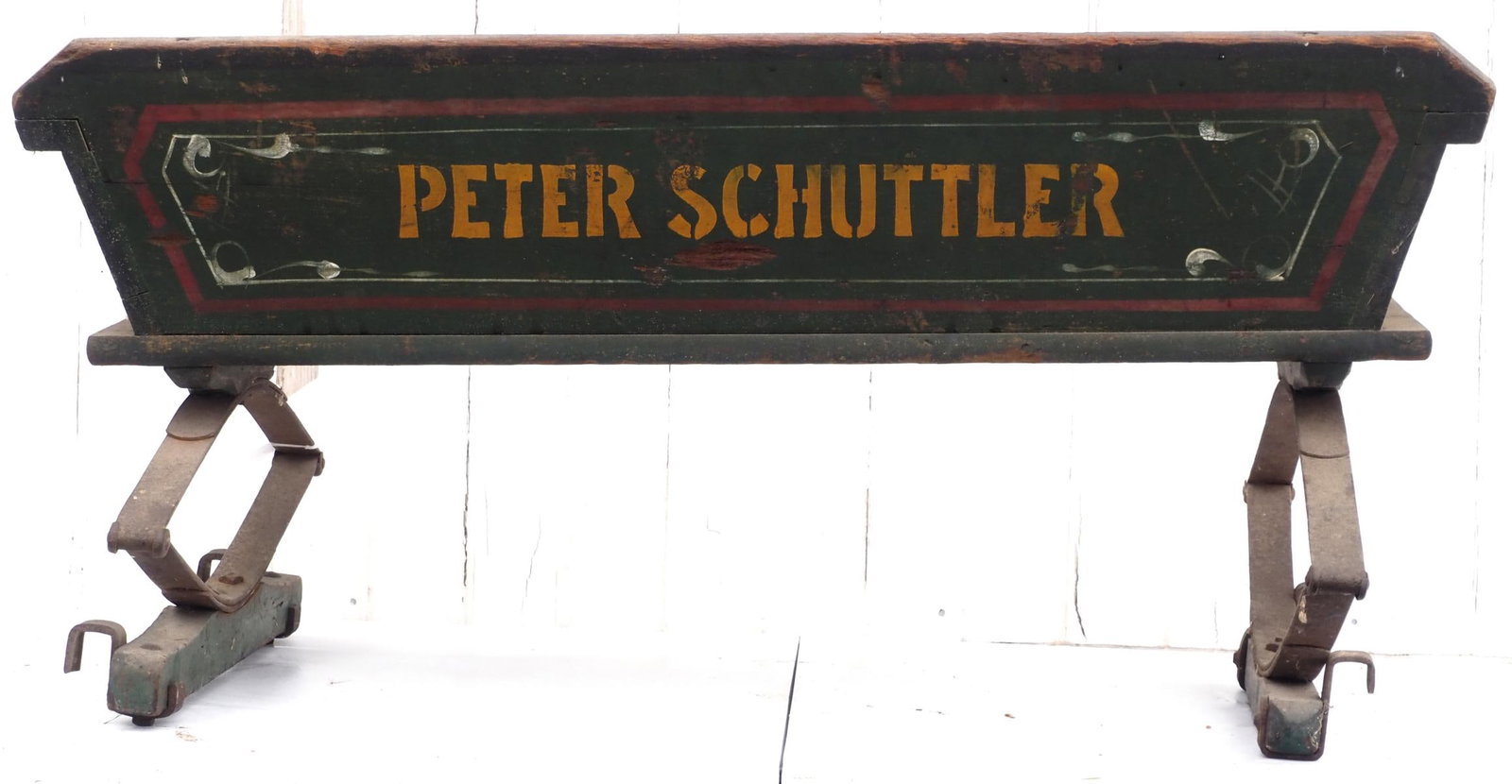 Peter Schuttler box wagon seat: Peter Schuttler box wagon seat with very good original paint and stenciling * * NOT ELIGIBLE FOR IN-HOUSE SHIPPING. Please contact the auction house for transport options and additional details.