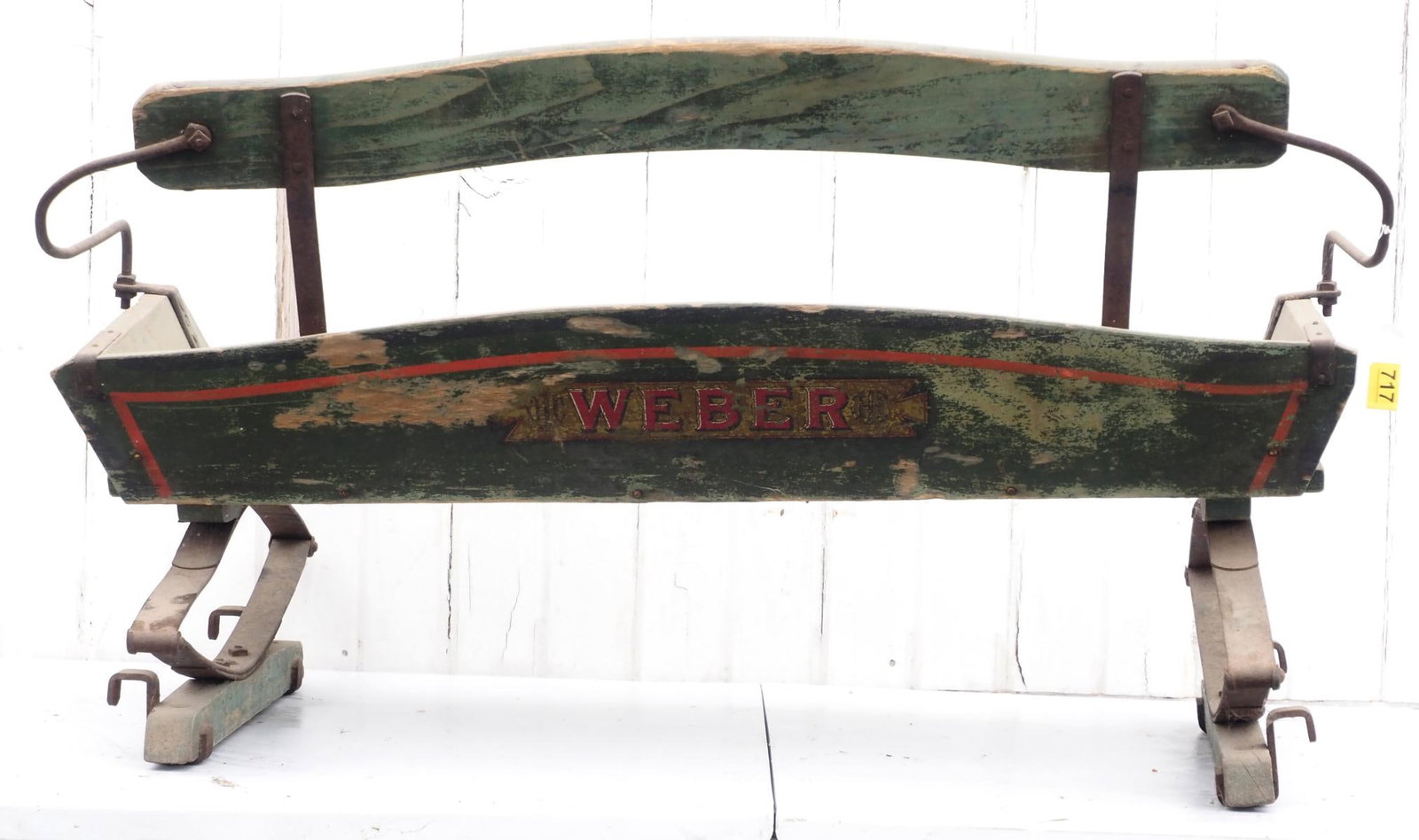 Weber box wagon seat: Weber box wagon seat with good original paint and stenciling * * NOT ELIGIBLE FOR IN-HOUSE SHIPPING. Please contact the auction house for transport options and additional details. Items must be