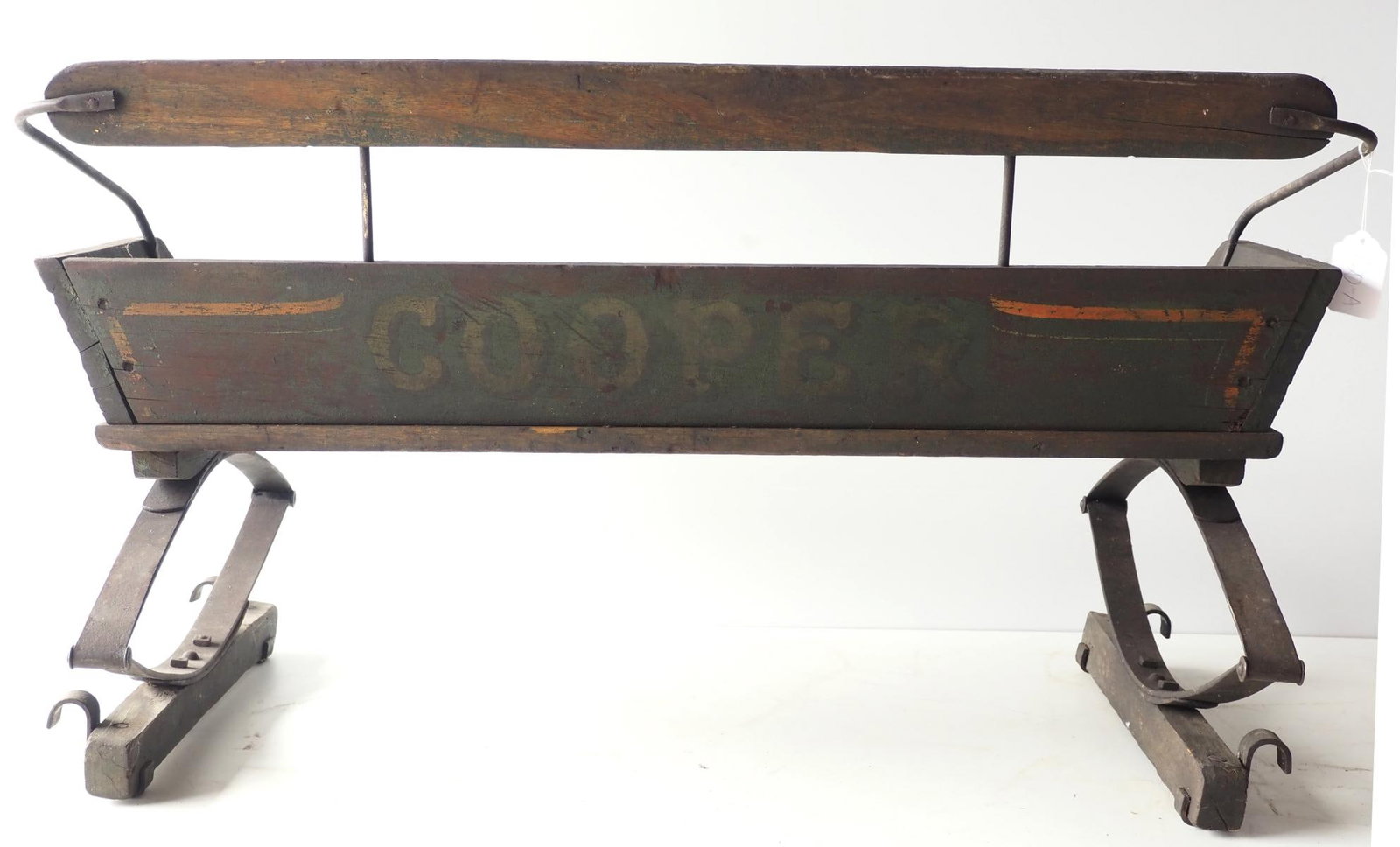 Cooper box wagon seat: Cooper box wagon seat with good original paint and stenciling * * NOT ELIGIBLE FOR IN-HOUSE SHIPPING. Please contact the auction house for transport options and additional details. Items must be