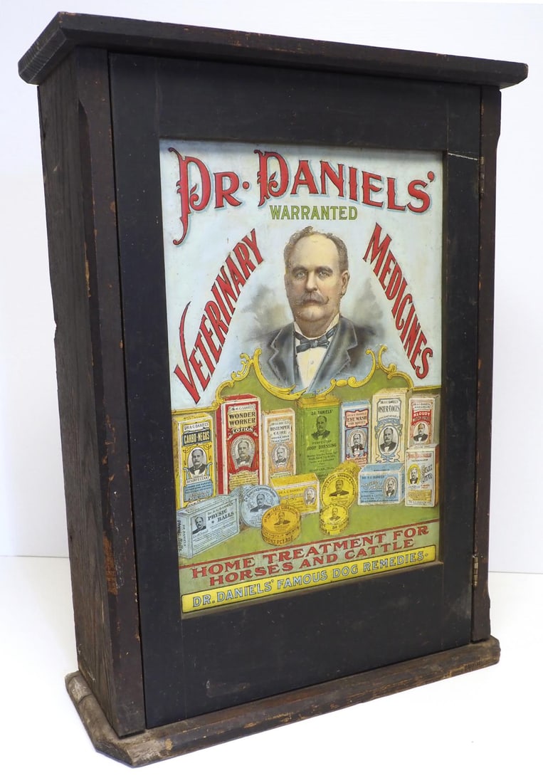 Dr Daniels Veterinary Medicines veterinary cabinet: Dr Daniels Veterinary Medicines wooden veterinary cabinet with tin door insert, 21"x7.5"x28"H - Good with minor touch-up Condition Good with minor touch-up