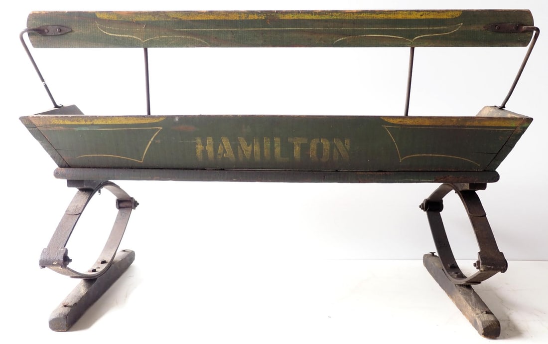 Hamilton box wagon seat: Hamilton box wagon seat with good original paint and stenciling * * NOT ELIGIBLE FOR IN-HOUSE SHIPPING. Please contact the auction house for transport options and additional details. Items must be