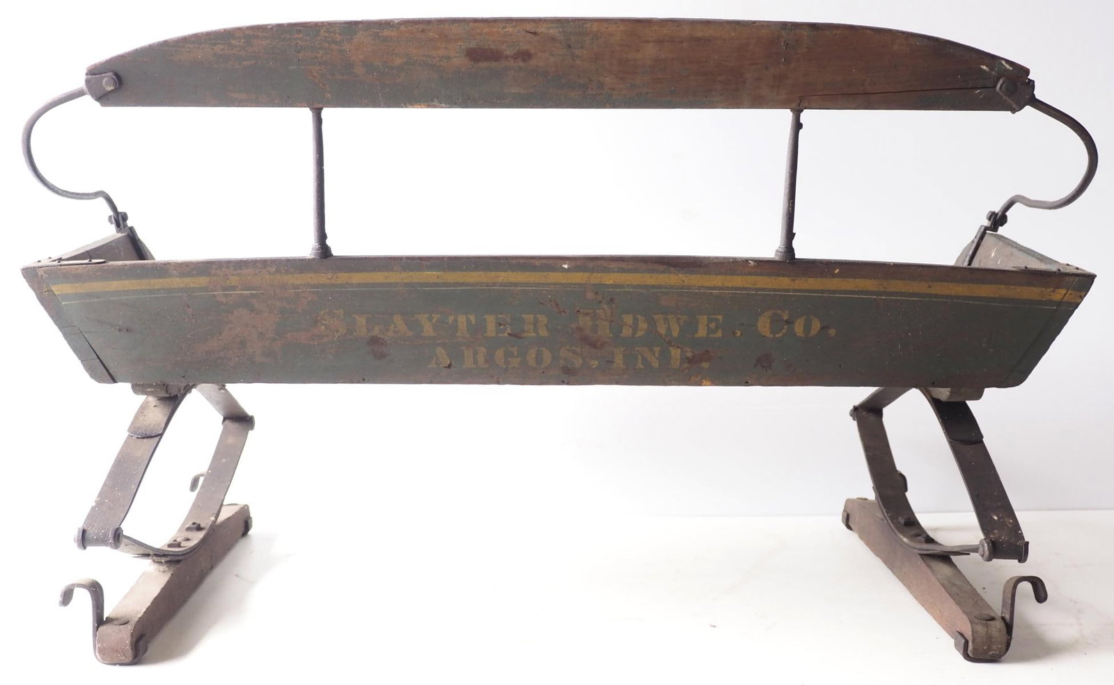 Slayter Hardware Co., Argos IN box wagon seat: Slayter Hardware Co., Argos IN box wagon seat with good original paint and stenciling * * NOT ELIGIBLE FOR IN-HOUSE SHIPPING. Please contact the auction house for transport options and additional
