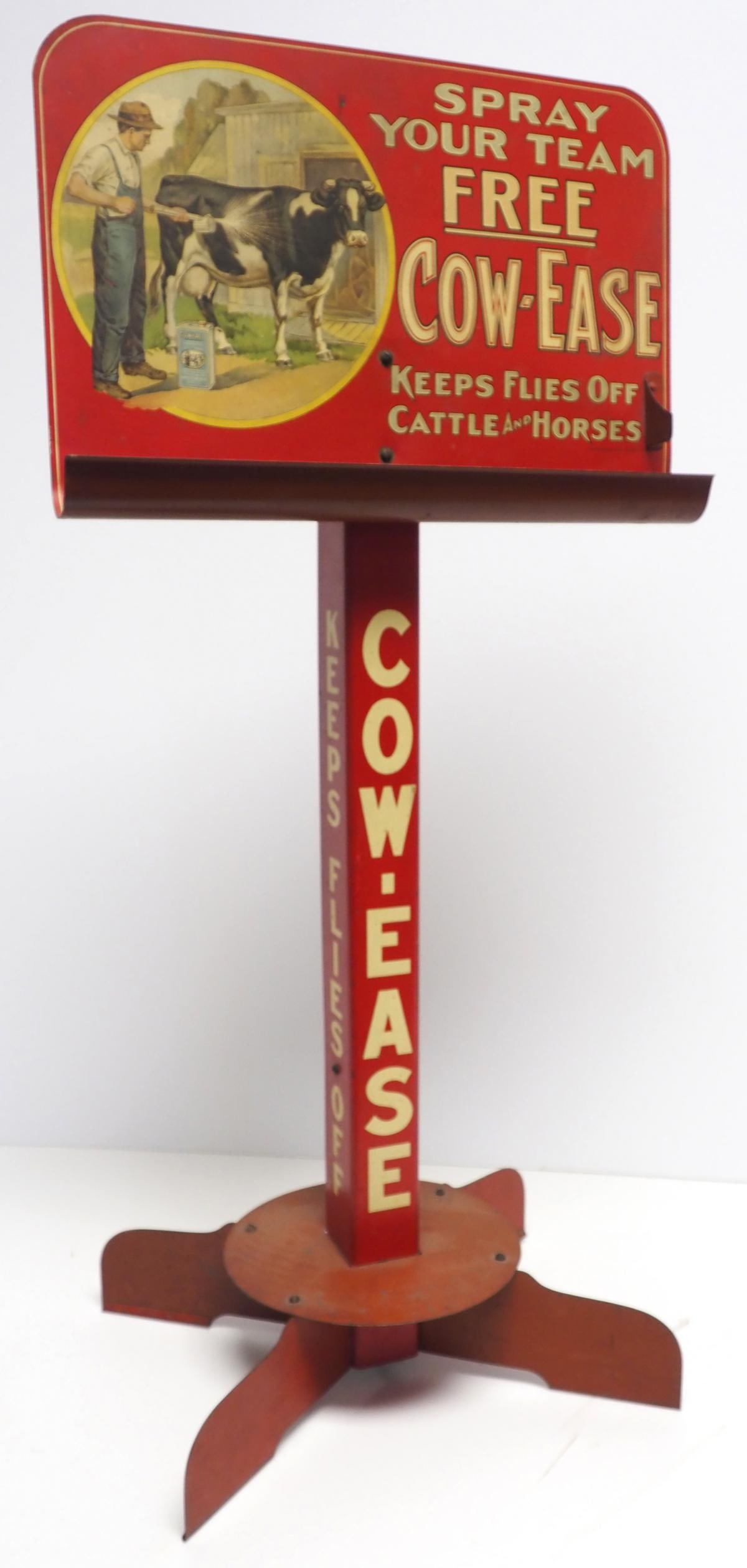 Cow-Ease tin product display, WOW!: Cow-Ease tin product display for livestock spray, WOW! Great graphics! 16"W x 34"H, marked Chas. W. Shonk Co. - Great Condition Great