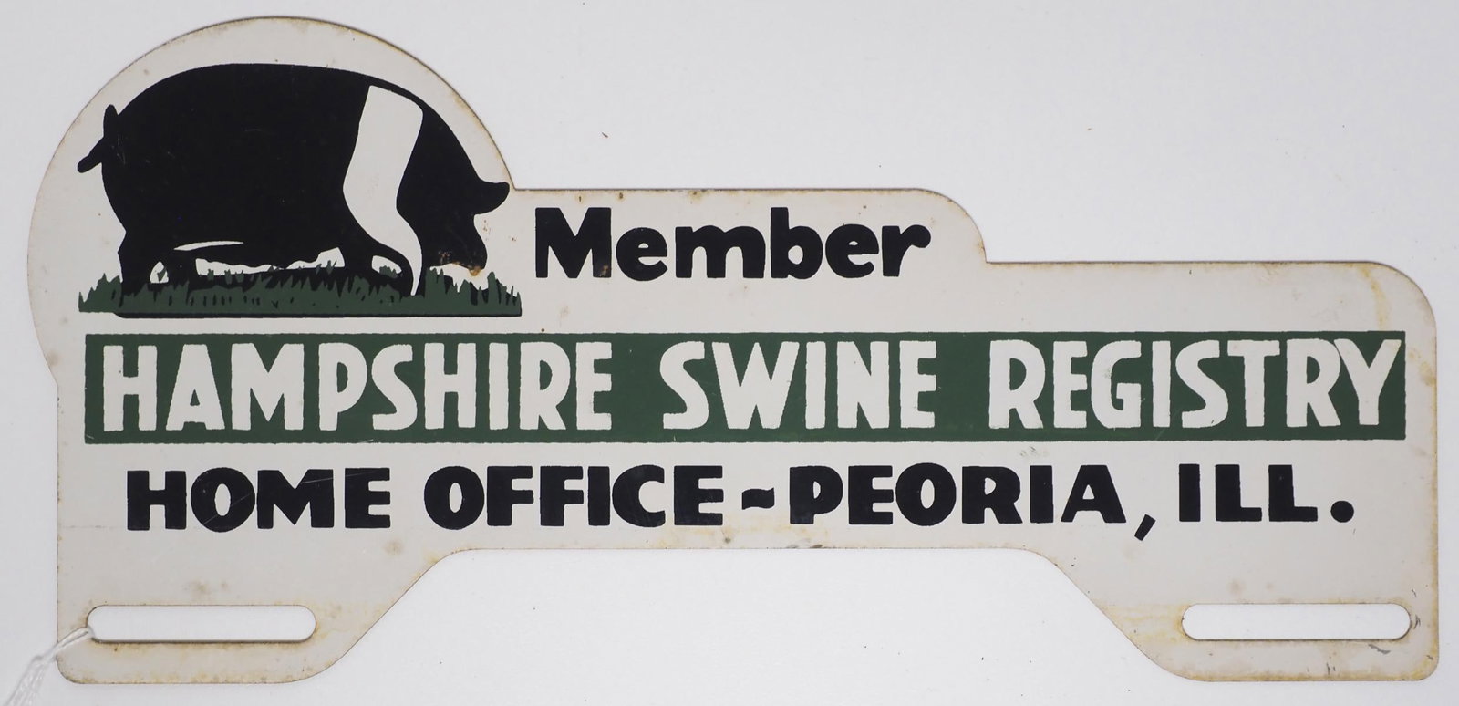 Hampshire Swine Registry tin license plate topper: Hampshire Swine Registry, Peoria, IL tin license plate topper - Very Good Condition Very Good
