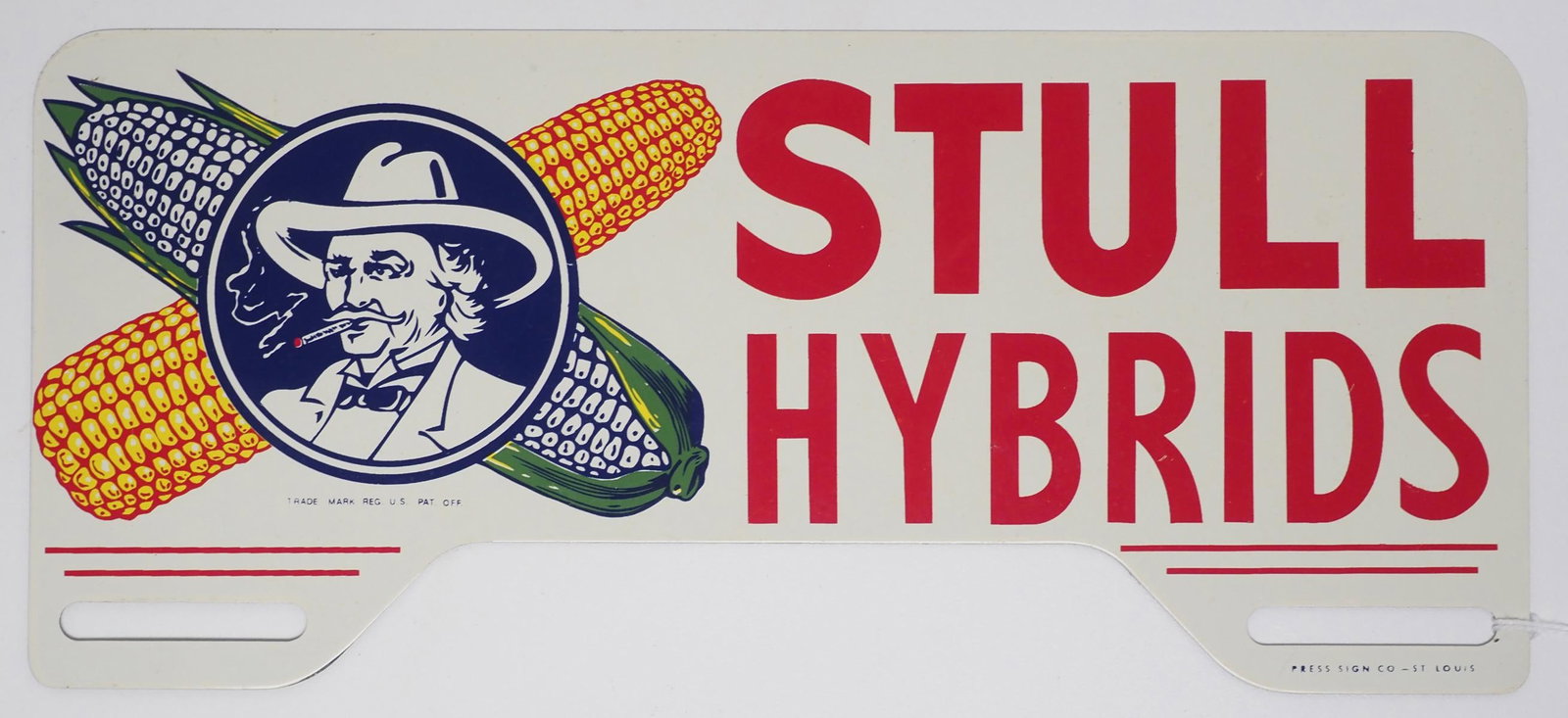 Stull Hybrids tin license plate topper: Stull Hybrids tin license plate topper, by Press Sign Co. - Great Condition Great