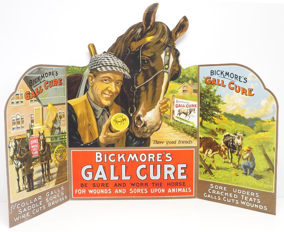 Bickmore Gall Cure countertop tri-fold display: Bickmore Gall Cure countertop tri-fold display with excellent graphics and color, 49"W x 33"H - Very Good, ear is creased but not torn Condition Very Good, ear is creased but not torn
